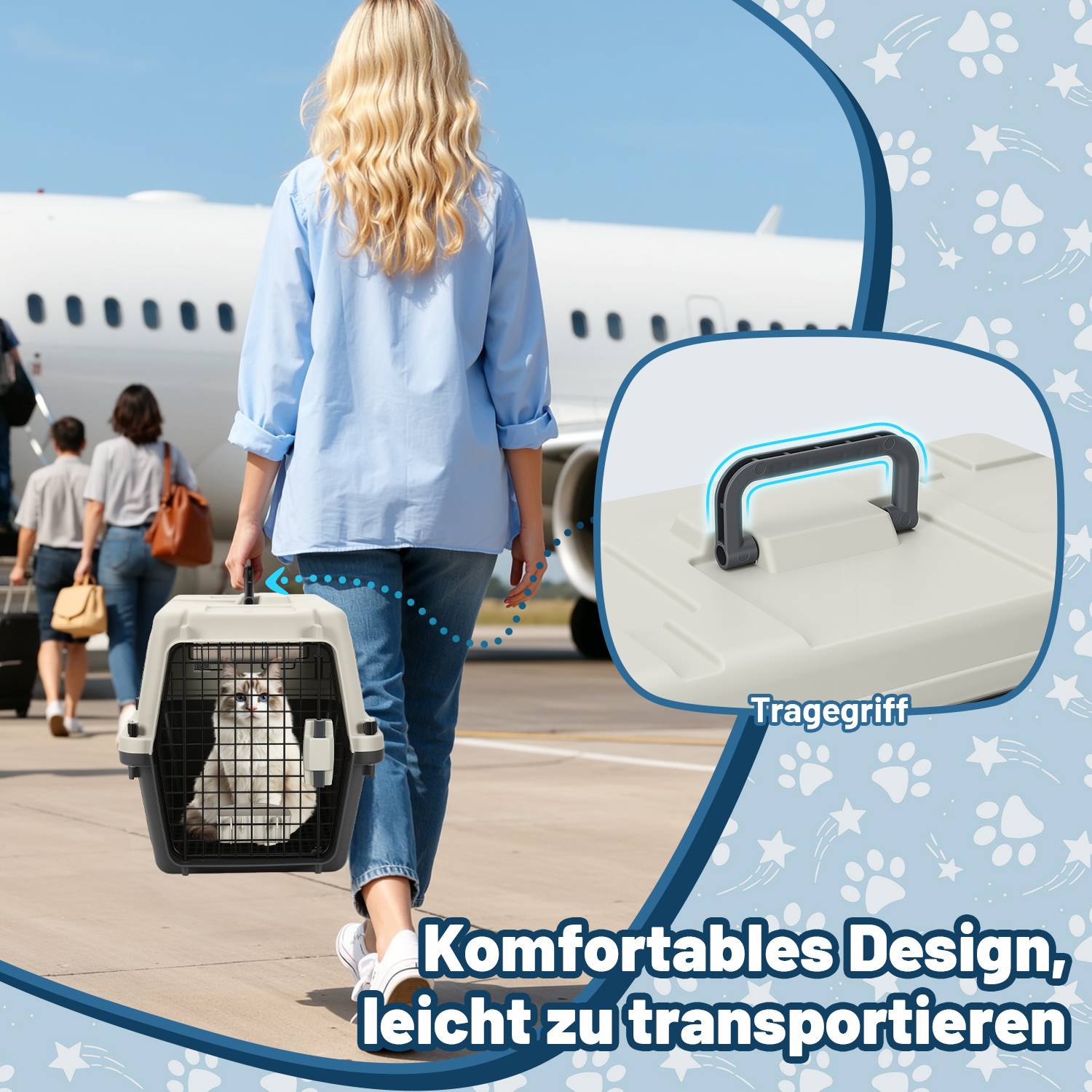 Frau geht auf ein Flugzeug zu und trägt eine Katze in einer Transportbox; eine Vergrößerung hebt den ergonomischen Griff der Box hervor, mit deutschem Text, der den einfachen Transport bewirbt.