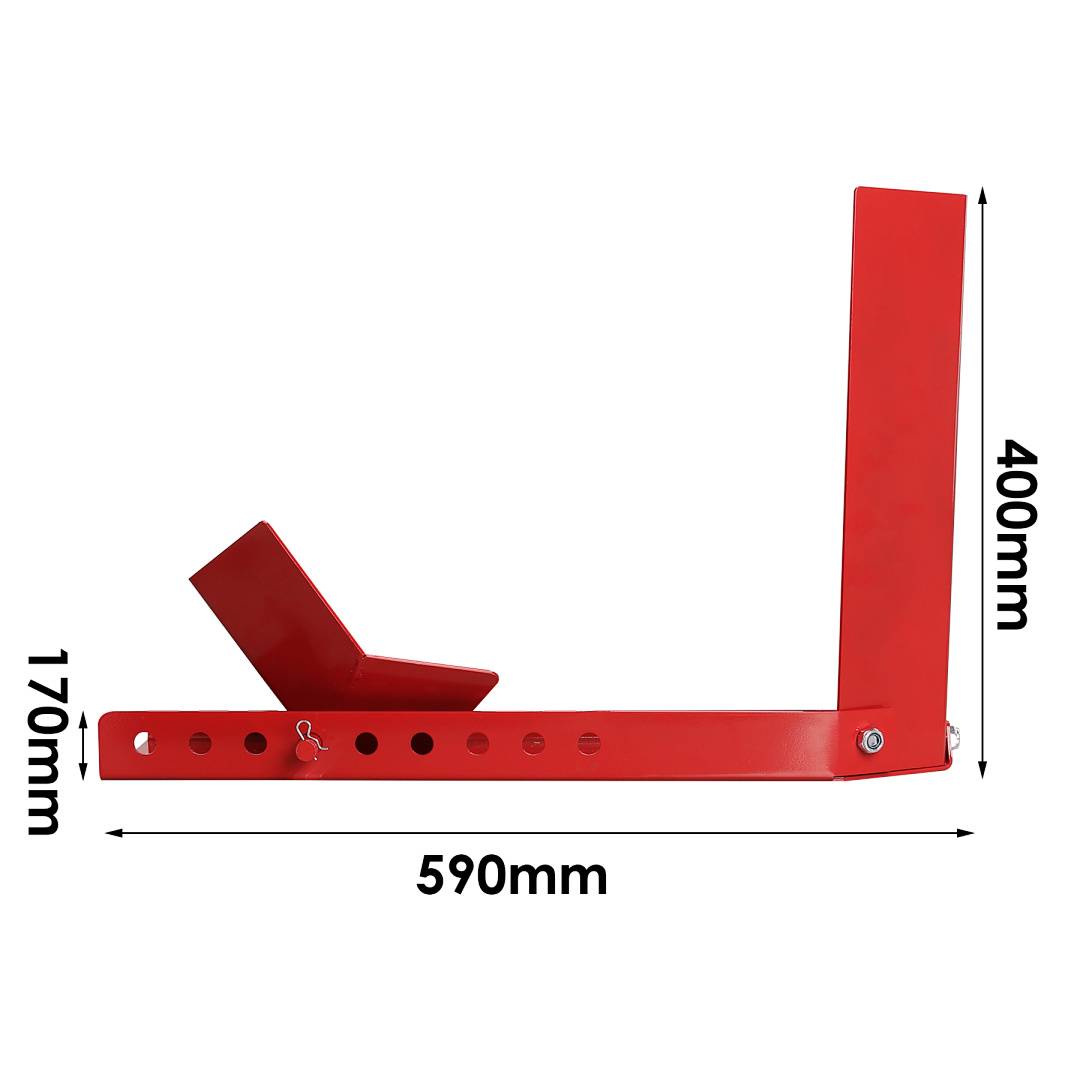 Rotes Metallverstellbares Befestigungselement oder Vorrichtung mit gekennzeichneten Abmessungen: 590 mm lang, 400 mm hoch, 170 mm Abschnitt auf der linken Seite.