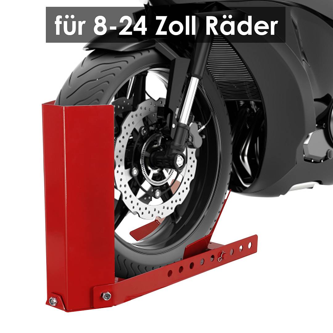 Roter Motorradrad-Ständer mit der Aufschrift "für 8-24 Zoll Räder"", der ein Roller- oder Motorrad-Vorderrad auf weißem Hintergrund stützt.
