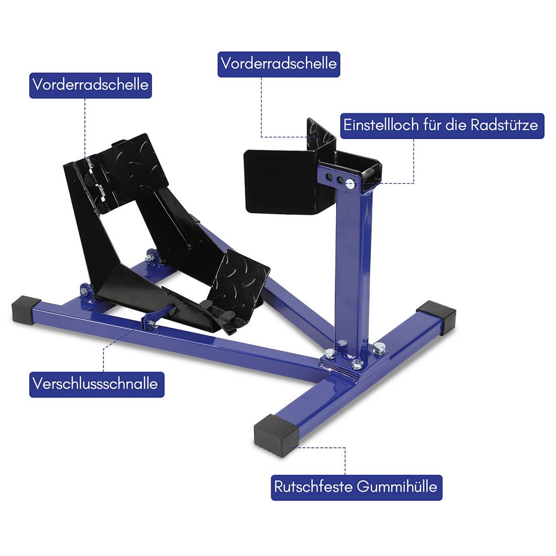Motorradständer Vorderradwippe, verstellbarer Aufnahmebereich 60-160 mm, Farbe Blau/Schwarz, für Motorradpflege und Abstellen, Radgröße 17-21 Zoll