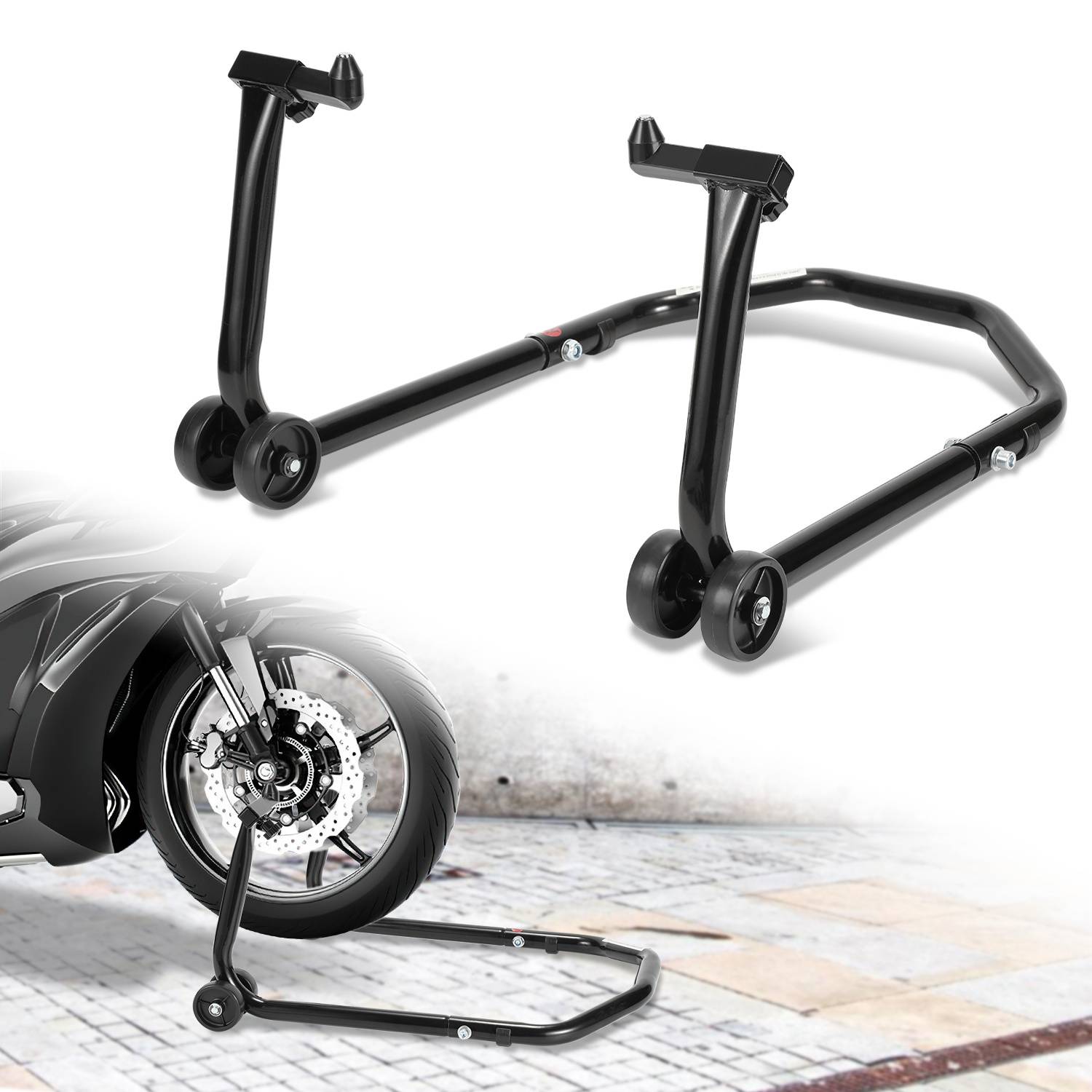 Motorrad Montageständer Vorderradständer, verstellbarer Aufnahmebereich 20-28 cm, Farbe Schwarz, für Motorradpflege und Abstellen