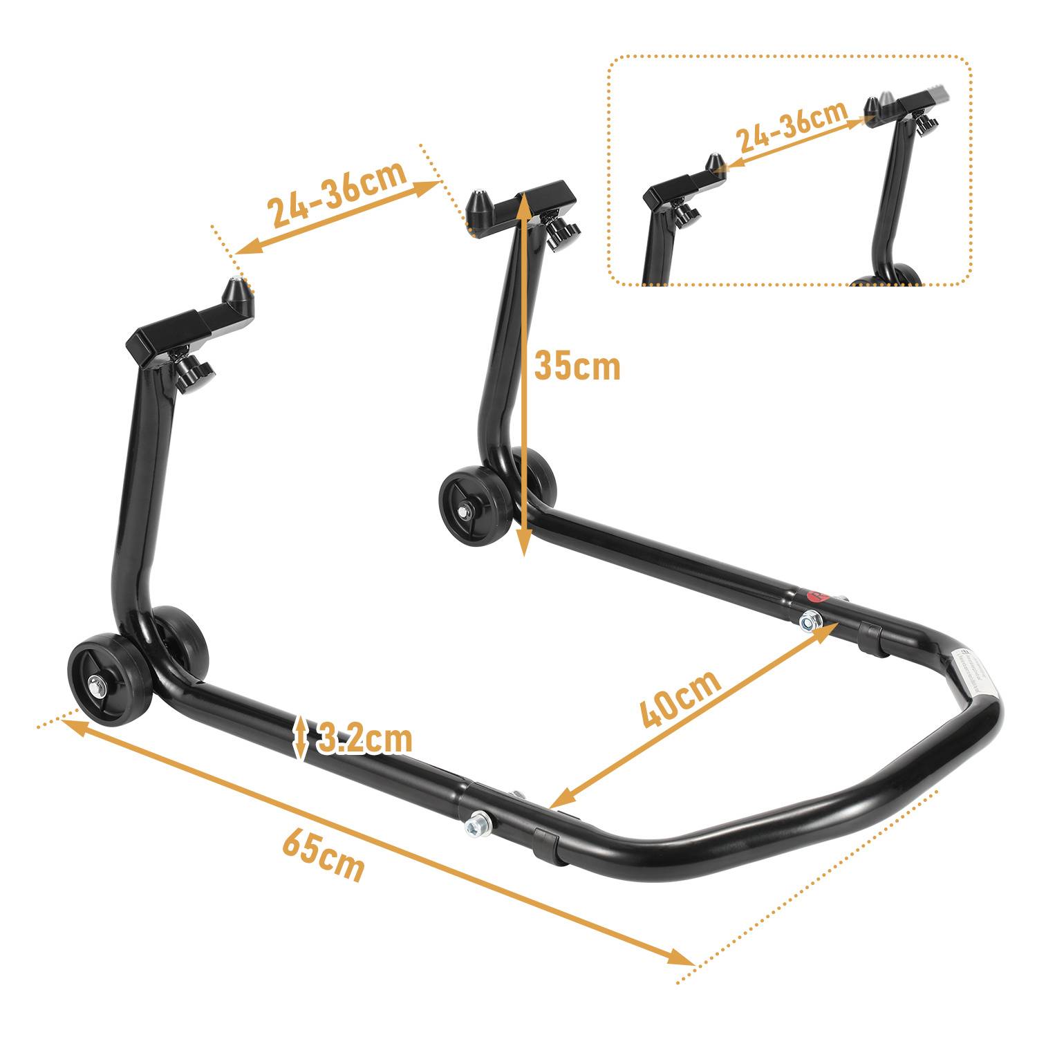 Kommentiertes Produktbild eines schwarzen Rollerständers mit Abmessungen: 65 cm lang, 40 cm Basisbereich, 35 cm hoch, 3,2 cm Breite und 24–36 cm verstellbare obere Halterung.