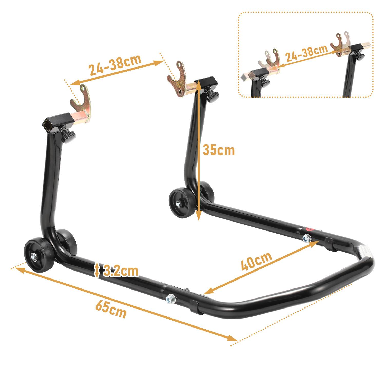 Fahrradständer-Dimensionsdiagramm mit einem schwarzen Hinterrad-Ausstellungsständer, gekennzeichnet mit 65 cm Länge, 40 cm Breite, 35 cm Höhe, mit 24–38 cm verstellbarer Stützbreite und 3,2 cm Rohrdurchmesser.