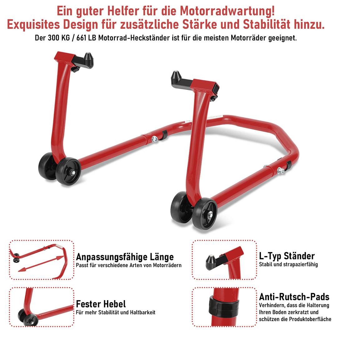 Rotes Motorrad-Hinterrad-Ständer-Produktbild mit deutschem Text, der 300 kg/661 lb Tragfähigkeit, verstellbare Länge, stabilen L-förmigen Ständer, feststehenden Hebel und rutschfeste Pads hervorhebt.