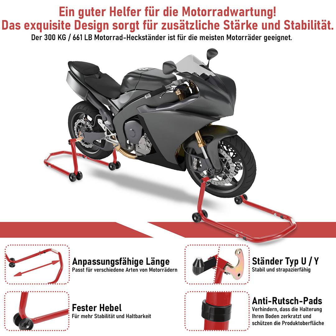 Schwarzes Sportmotorrad auf einem roten Wartungsständer, das einen 300-kg-Motorradheber mit verstellbarer Länge, robustem Hebel und rutschfesten Polstern bewirbt.