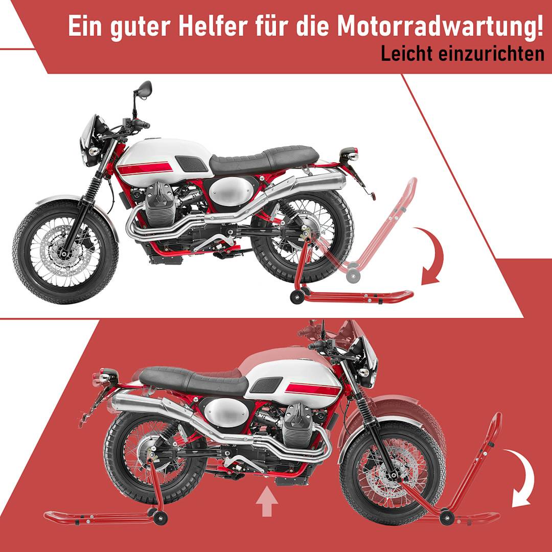 Infografik, die einen Motorradwartungshelfer zeigt, mit einem auf Ständern gehobenen und umgelagerten Motorrad, mit dem Titel „Ein guter Helfer für die Motorradwartung! Leicht einzurichten"