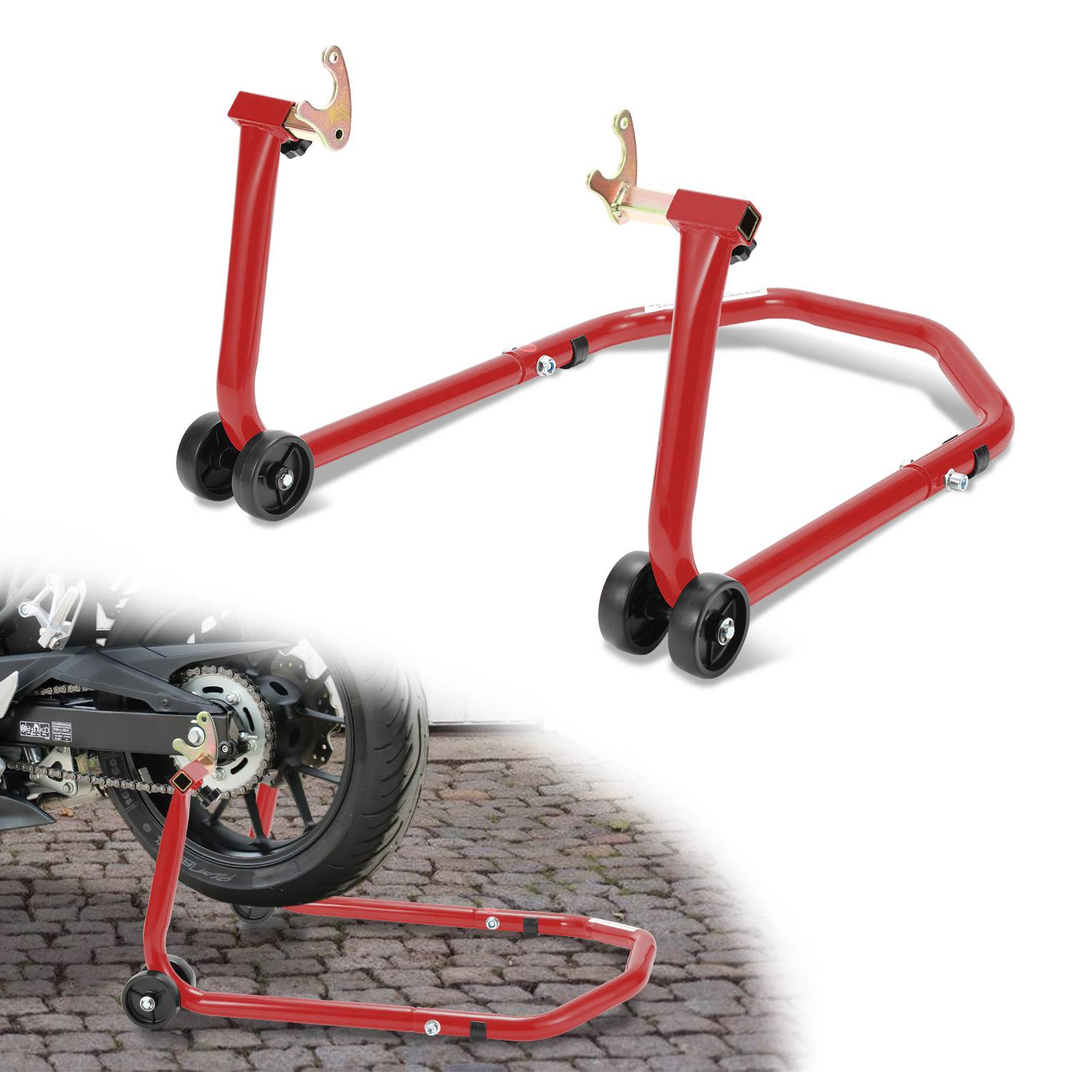 Rotes Motorrad-Hinterrad-Montageständer mit doppelten vorderen Armen und Rädern, einzeln gezeigt und beim Anheben eines Motorradrads in Gebrauch.