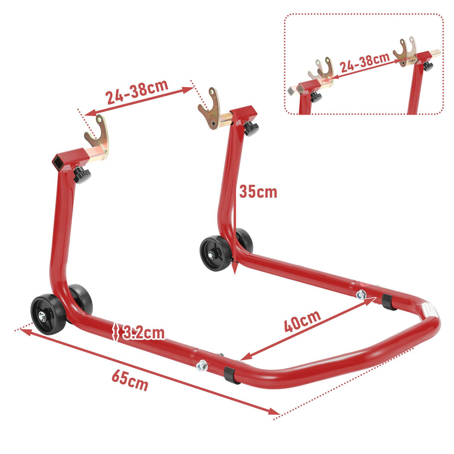 Rotes Metallmotorrad-Hubständer mit verstellbaren Gabelschalen; beschriftete Abmessungen zeigen 65 cm Länge, 40 cm Breite, 35 cm Höhe, 24-38 cm Haken-Spannweite, 3,2 cm Basishöhe.