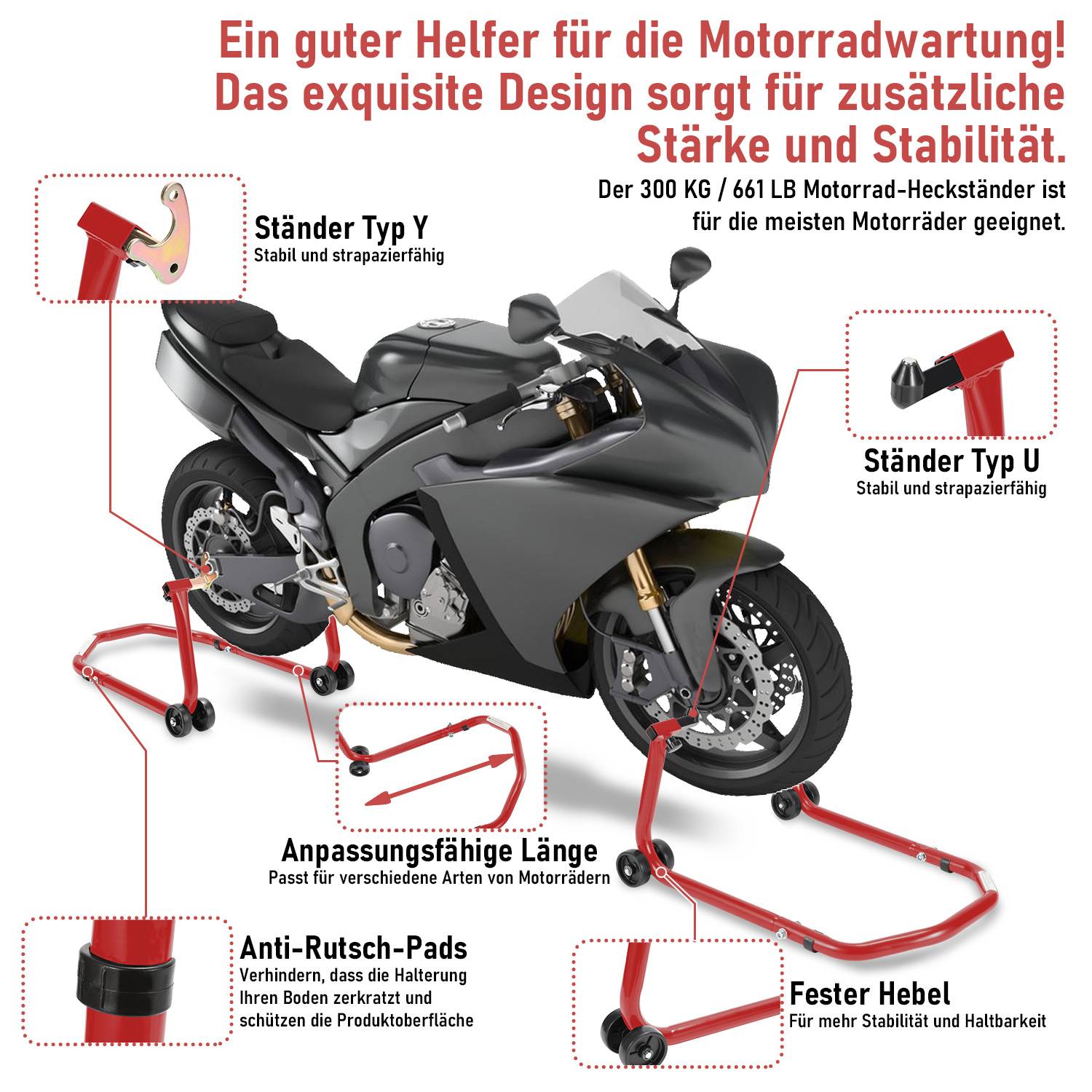 Motorrad-Ständer-Anzeige mit einem Sportmotorrad auf roten Vorder- und Hinterständern, hervorhebend Typ Y und Typ U Ständer, verstellbare Länge, rutschfeste Pads und einen feststehenden Hebel für Stabilität.