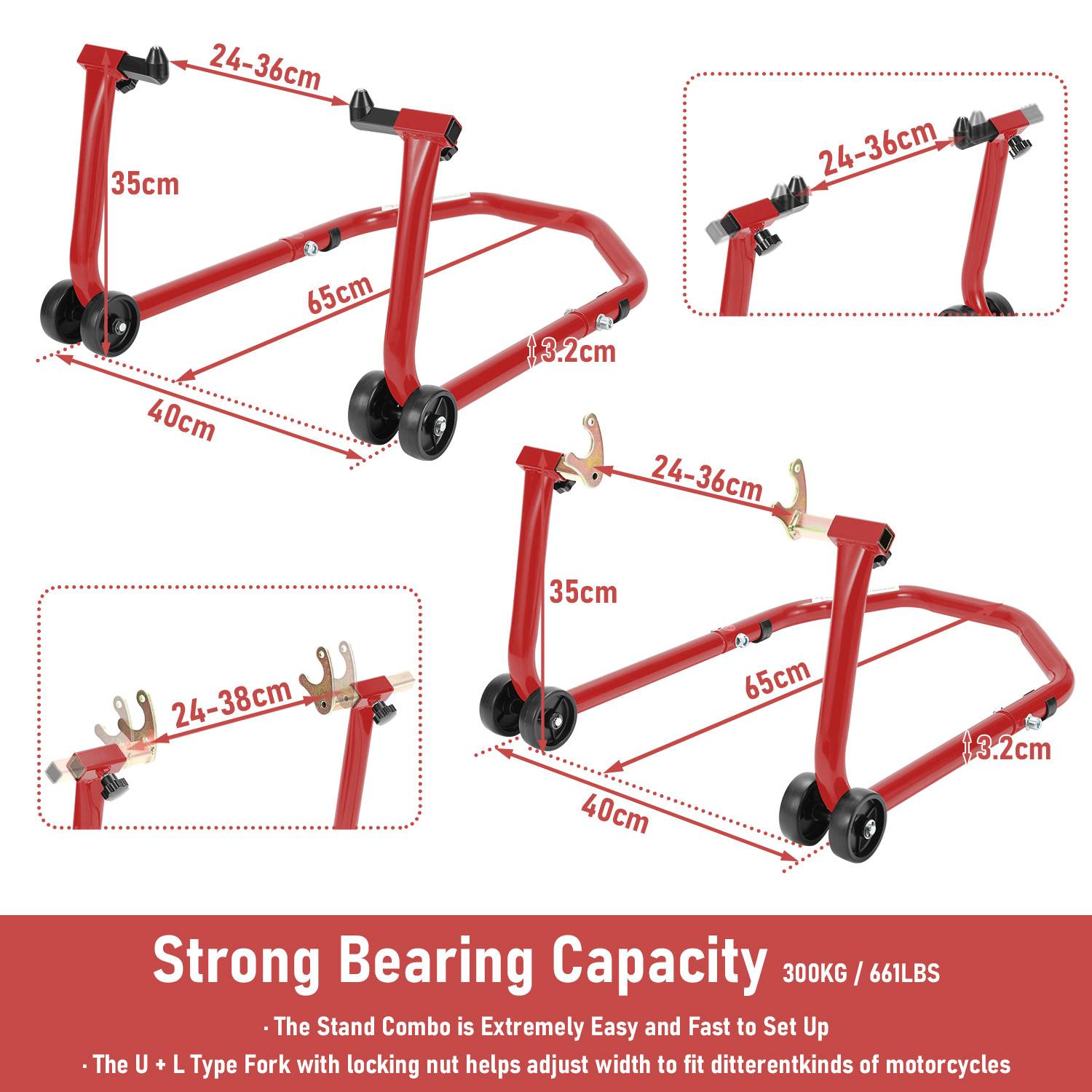 Produktdiagramm eines roten Motorrad-Hinterständers mit verstellbaren 24-36 cm oder 24-38 cm Haken, das Abmessungen und "Starke Tragfähigkeit"" 300 kg/661 lbs zeigt.