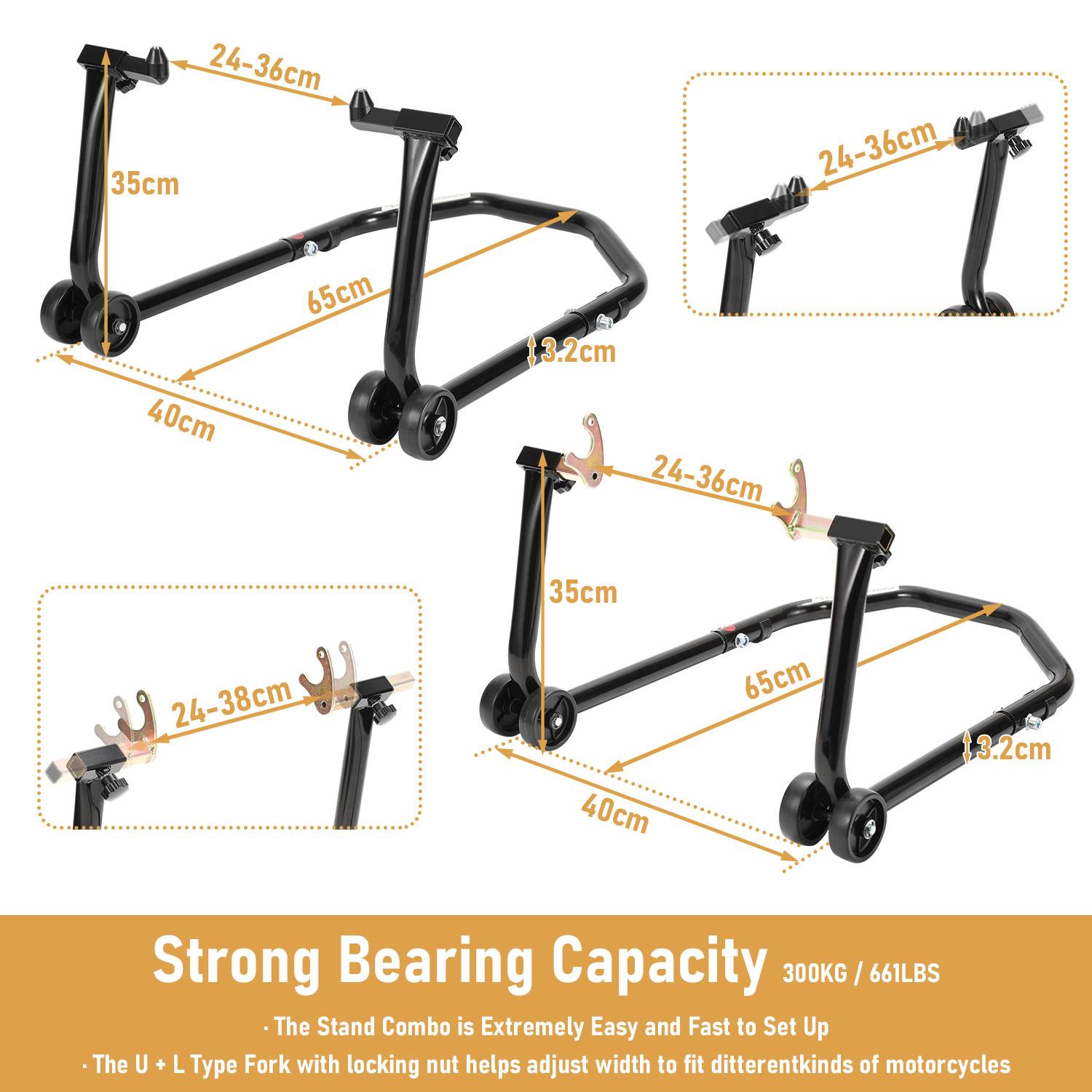 Produktdiagramm eines Motorradliftstands mit verstellbarer Breite 24-36 cm, Höhe 35 cm, Länge 65 cm und einer Tragfähigkeit von 300 kg/661 lb.