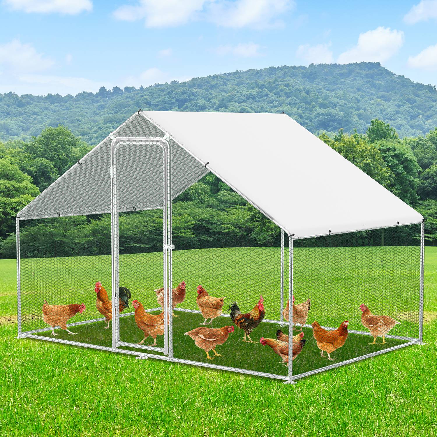 Hühnerstall 3x2x2m Freilaufgehege mit PE-Dach und Querstreben, Hühnergehege Geflügelstall Kleintierstall für Garten, verzinkter Stahl, Silber