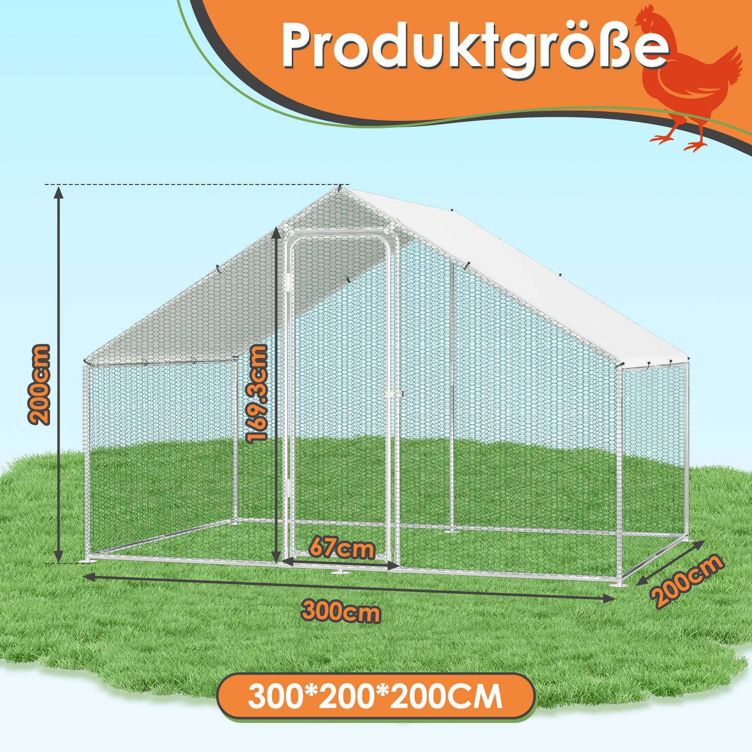Hühnerstall 3x2x2m Freilaufgehege mit PE-Dach und Querstreben, Hühnergehege Geflügelstall Kleintierstall für Garten, verzinkter Stahl, Silber