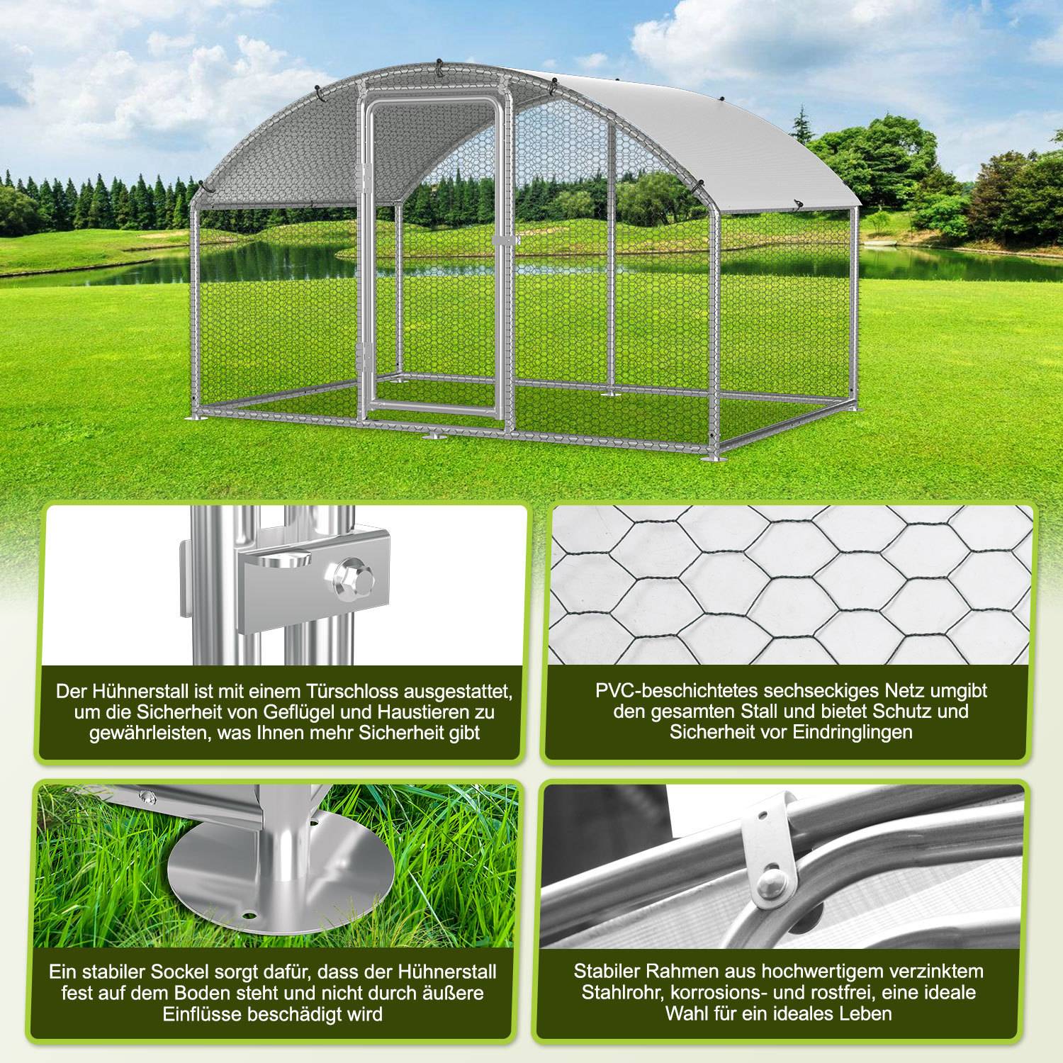 Metallischer Hühnerstall mit gewölbtem Dach und Drahtgeflecht, gezeigt im Freien auf Gras, mit Detailbereichen, die ein sicheres Türschloss, PVC-beschichtetes sechseckiges Maschendraht, stabile Basis und verzinktes Stahlrahmen hervorheben.