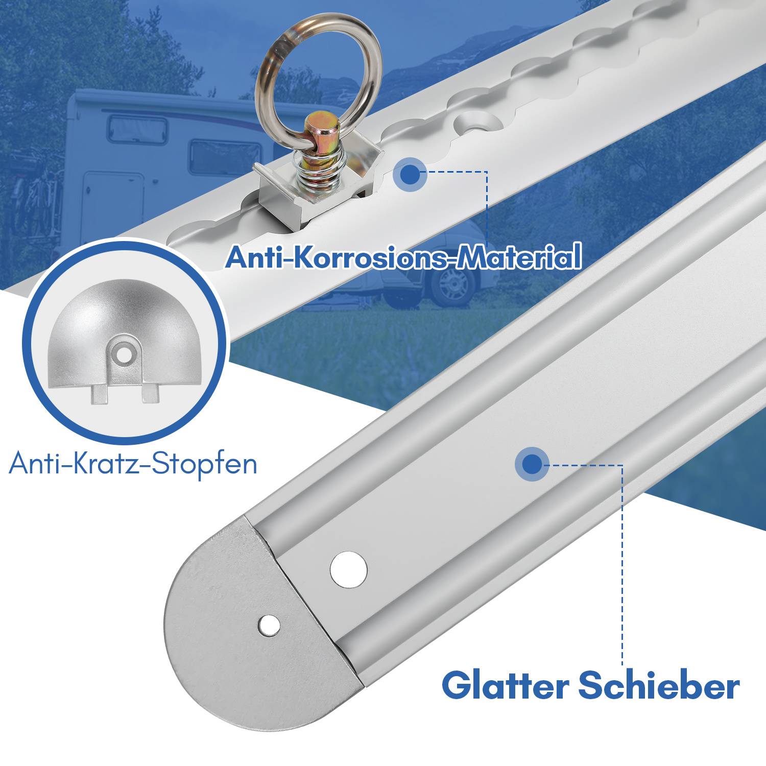 Abbildung einer silbernen Schubladenschiene mit Beschriftungen, die "Anti-Korrosions-Material"", ""Anti-Kratz-Stopfen"" und ""Glatter Schieber"" kennzeichnen.
