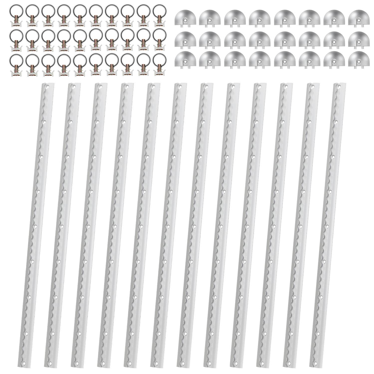 Satz aus Metallmontagehard­ware: 12 lange Lochstreifen mit Lochreihen, plus 24 Ringclips und 24 Kuppelkappen angeordnet oben.