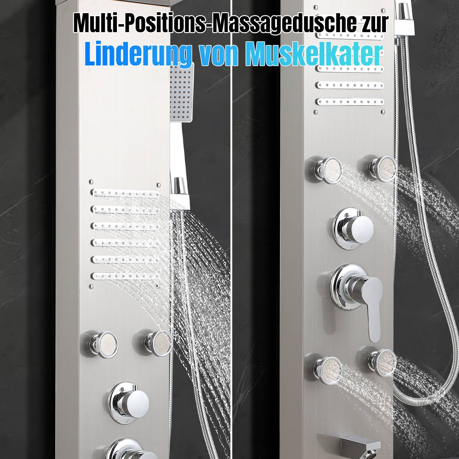 Edelstahl-Duschpaneel mit mehreren Sprühdüsen und tragbarem Duschkopf; der Text besagt "Multi-Positions-Massagedusche zur Linderung von Muskelkater"