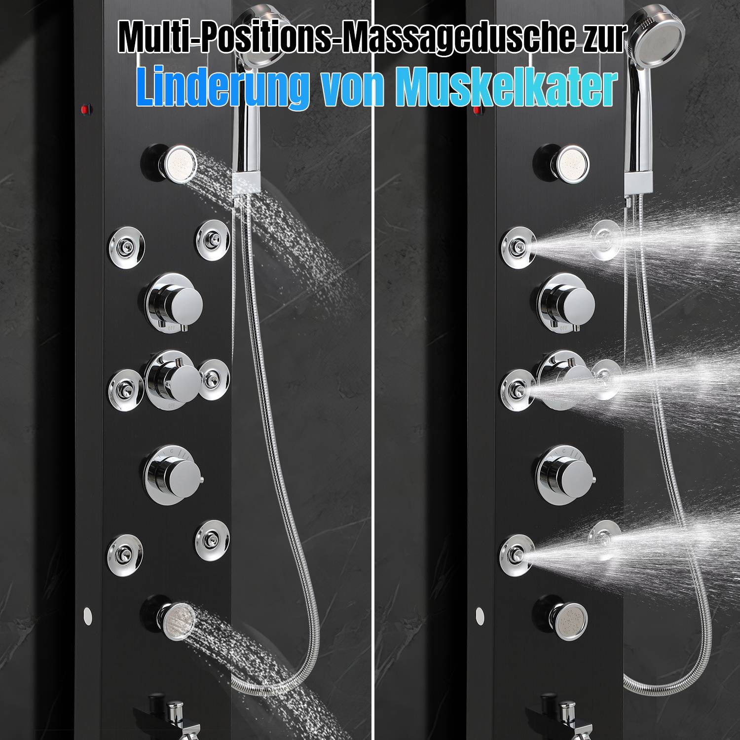 Duschpaneel mit mehreren verstellbaren Massagedüsen; der Text lautet „Multi-Positions-Massagedusche zur Linderung von Muskelkater".