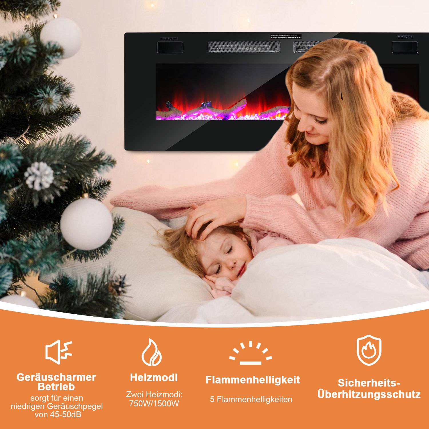 Eine Frau tröstet sanft ein schlafendes Kind im Bett neben einem Weihnachtsbaum und einem elektrischen Kamin; die Anzeige hebt den leisen Betrieb, zwei Wärmestufen, die Flammenhelligkeit und den Überhitzungsschutz hervor.