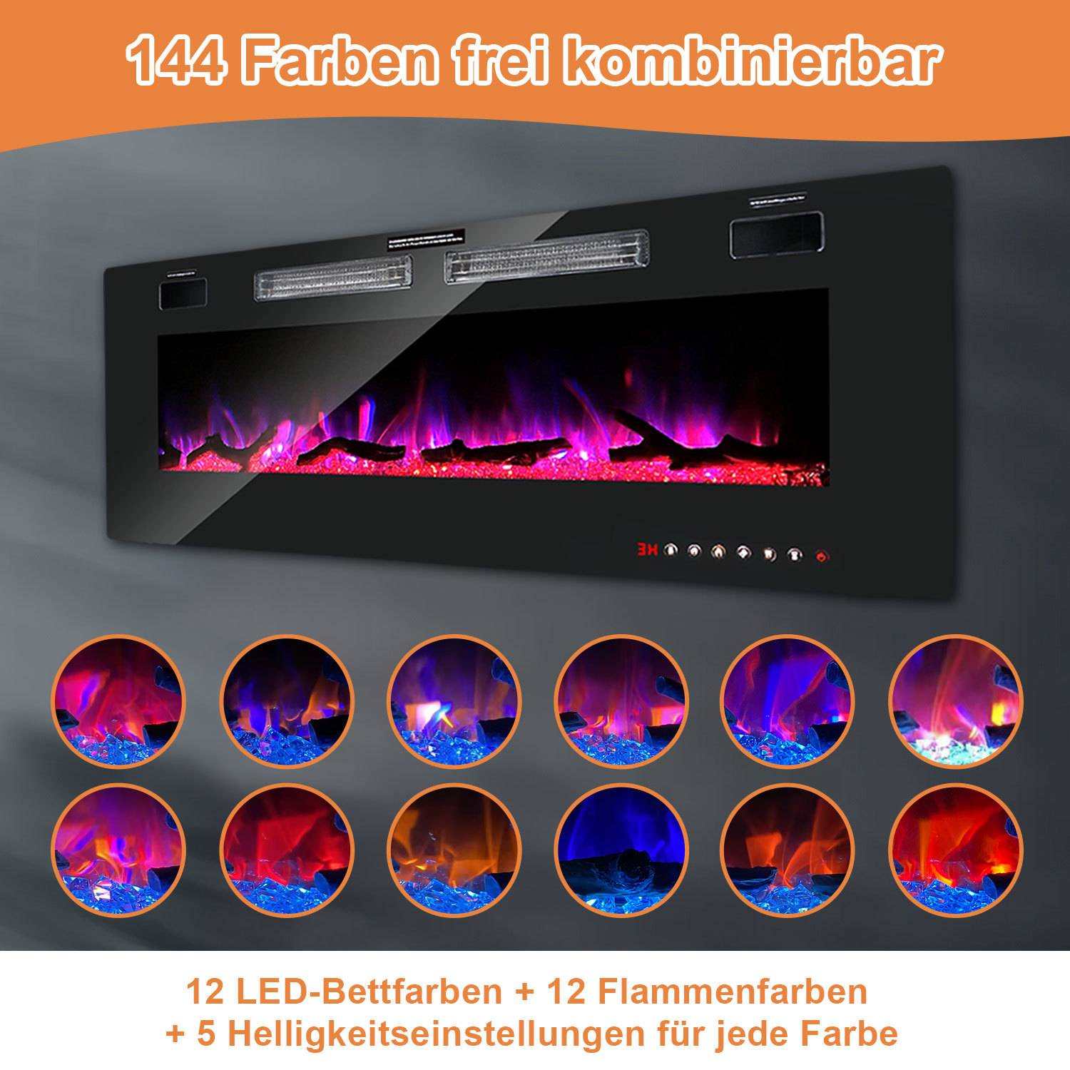 Schwarzer, an der Wand montierter elektrischer Kamin mit LED-Flammenanzeige, mit 144 Farbkombinationen und 12 Bettfarben, 12 Flammenfarben und 5 Helligkeitsstufen.