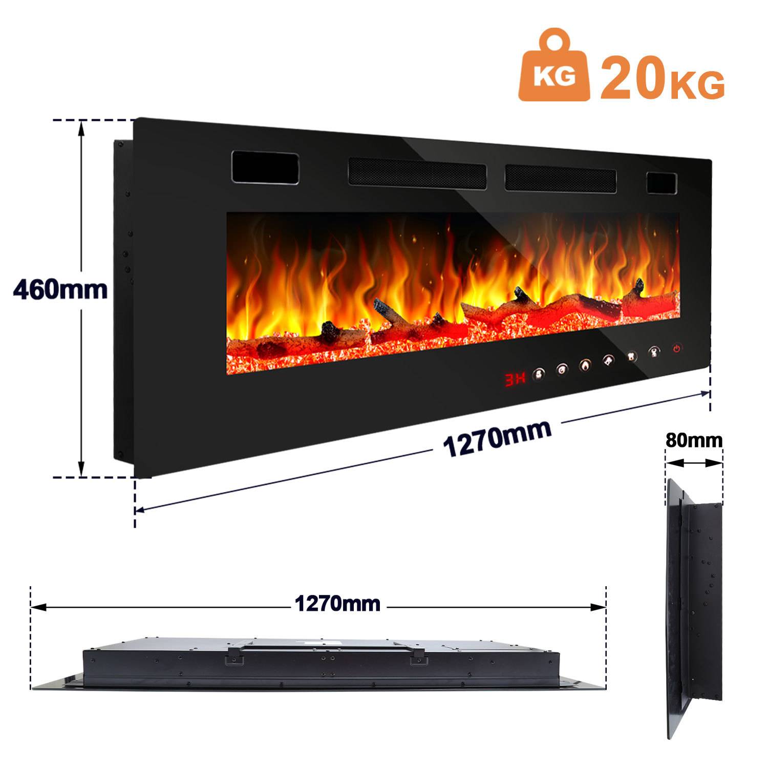 Schwarzer, an der Wand montierter elektrischer Kaminofen mit realistischer Flammenanzeige; gekennzeichnet mit 1270 mm Breite, 460 mm Höhe, 80 mm Tiefe und 20 kg.