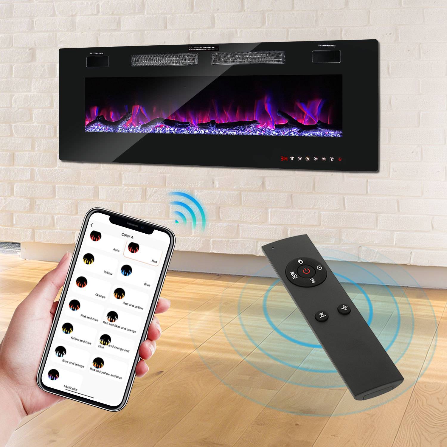 Intelligente elektrische Wandkamin mit violetten Flammen, gesteuert durch eine Smartphone-App und Fernbedienung auf einem Tisch, was auf kabellosen Betrieb hindeutet.