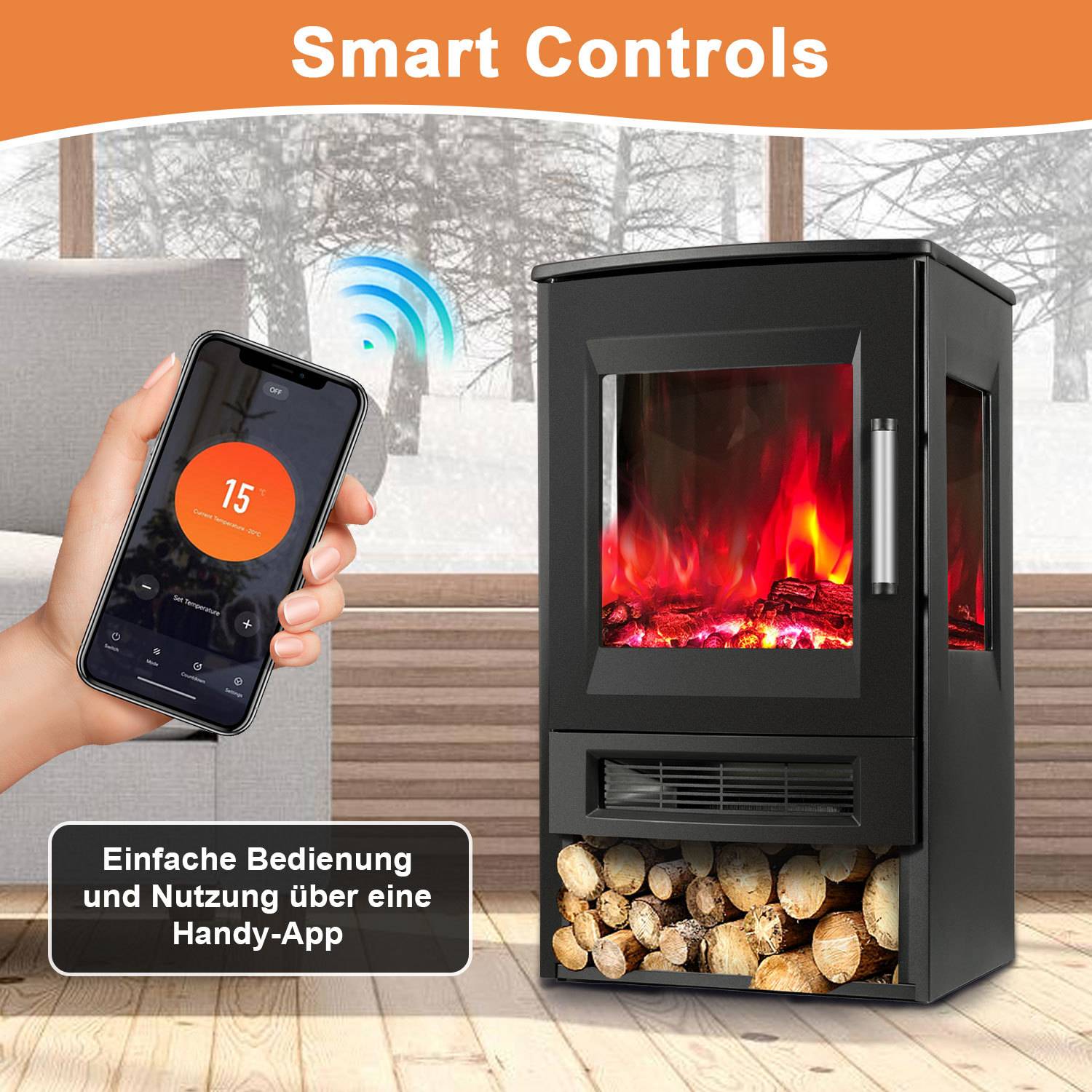 Elektrischer Standkamin 900/1800 W, Elektrokamin Schwarz mit 8 Flammenfarben, Fernbedienung, Thermostat und Timer
