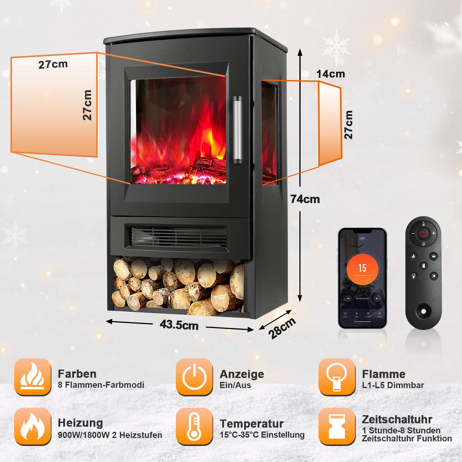 Schwarzer Holzofen mit sichtbarer Flamme, Holzlagerung, Fernbedienung und Smartphone-Steuerung sowie beschrifteten Abmessungen von 74 cm Höhe, 43,5 cm Breite, 28 cm Tiefe.