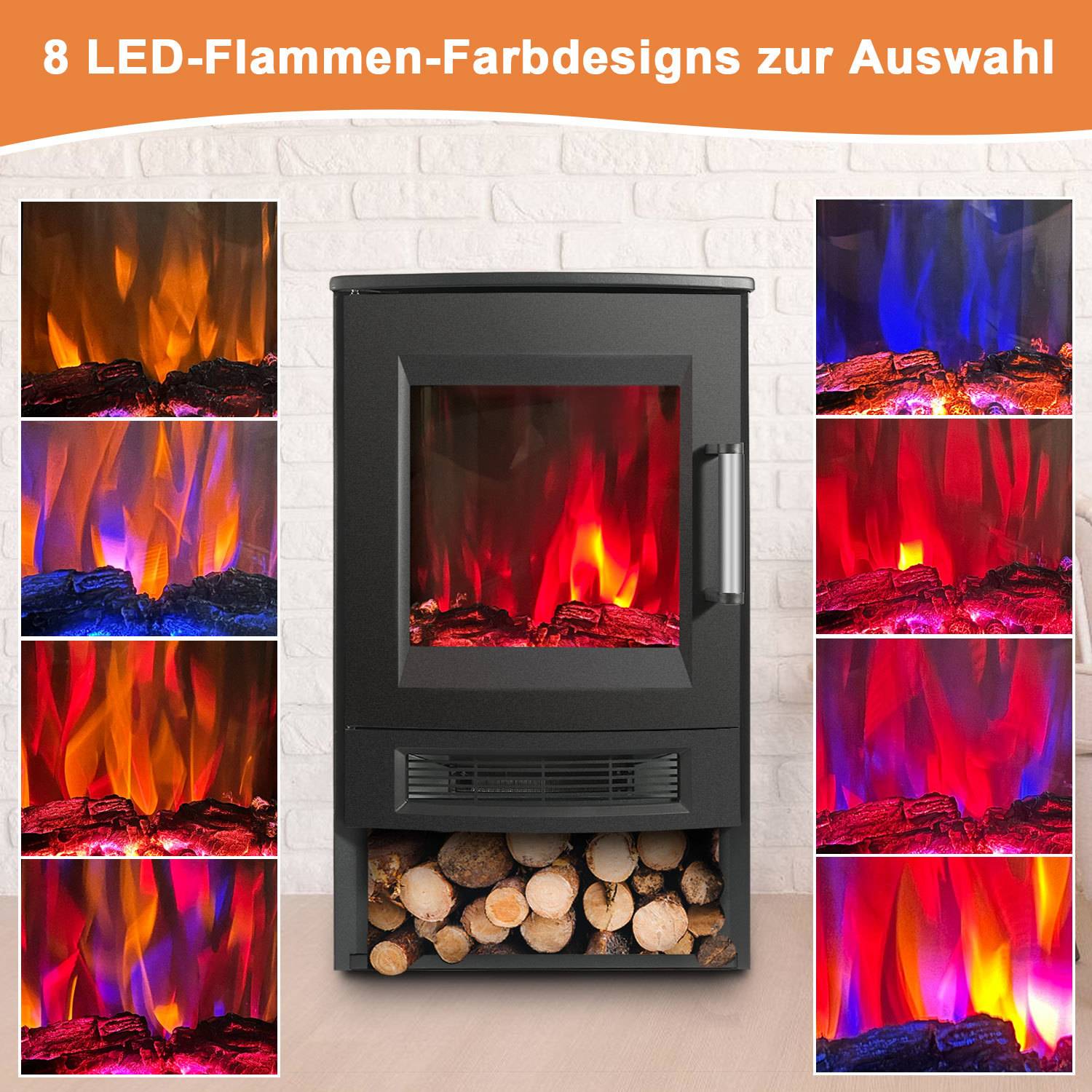 Werbebild eines schwarzen elektrischen Ofenheizers mit leuchtenden künstlichen Flammen und Holzscheiten, umgeben von acht alternativen LED-Flammenfarbdesigns; deutscher Text lautet „8 LED-Flammen-Farbedesigns zur Auswahl".