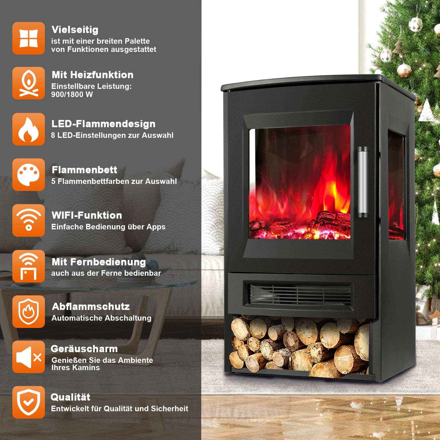 Elektrischer Standkamin 900/1800 W, Elektrokamin Schwarz mit 8 Flammenfarben, Fernbedienung, Thermostat und Timer