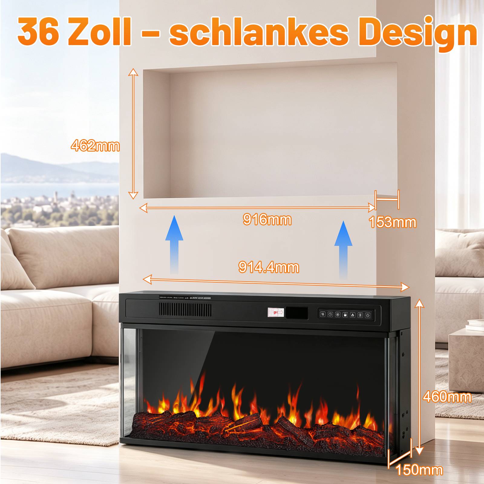 Elektrokamin-Einsatz mit der Bezeichnung „36 Zoll – schlankes Design" mit den Abmessungen: 916 mm breit, 462 mm hoch, 153 mm tief; Einsatz in einem Wohnzimmer dargestellt.