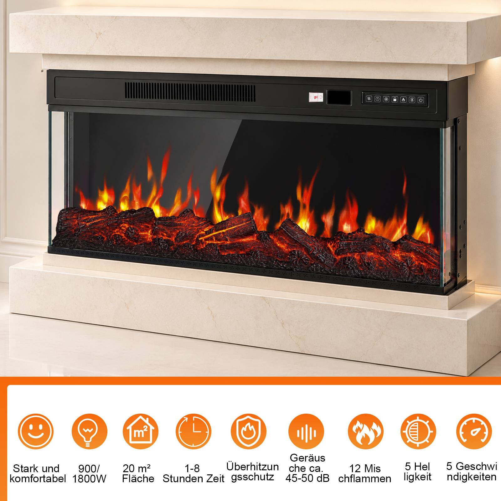 Moderner elektrischer Kamin mit realistischem Flammeneffekt, darunter Funktionssymbole mit 900W/1800W, 20 m² Abdeckung, 1-8 Stunden Timer, Überhitzungsschutz, 45 dB, 12 Flammen, 5 Wärmestufen, 5 Geschwindigkeiten.