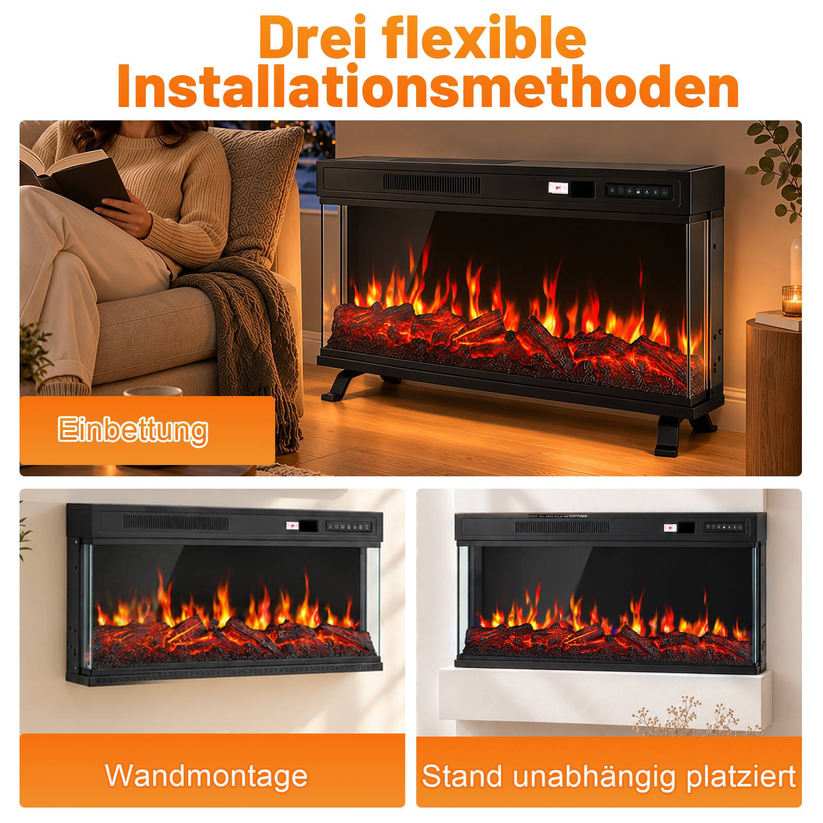 Anzeige mit drei flexiblen Installationsmethoden für einen Elektrokamin: eingebaut, an der Wand montiert und freistehend.