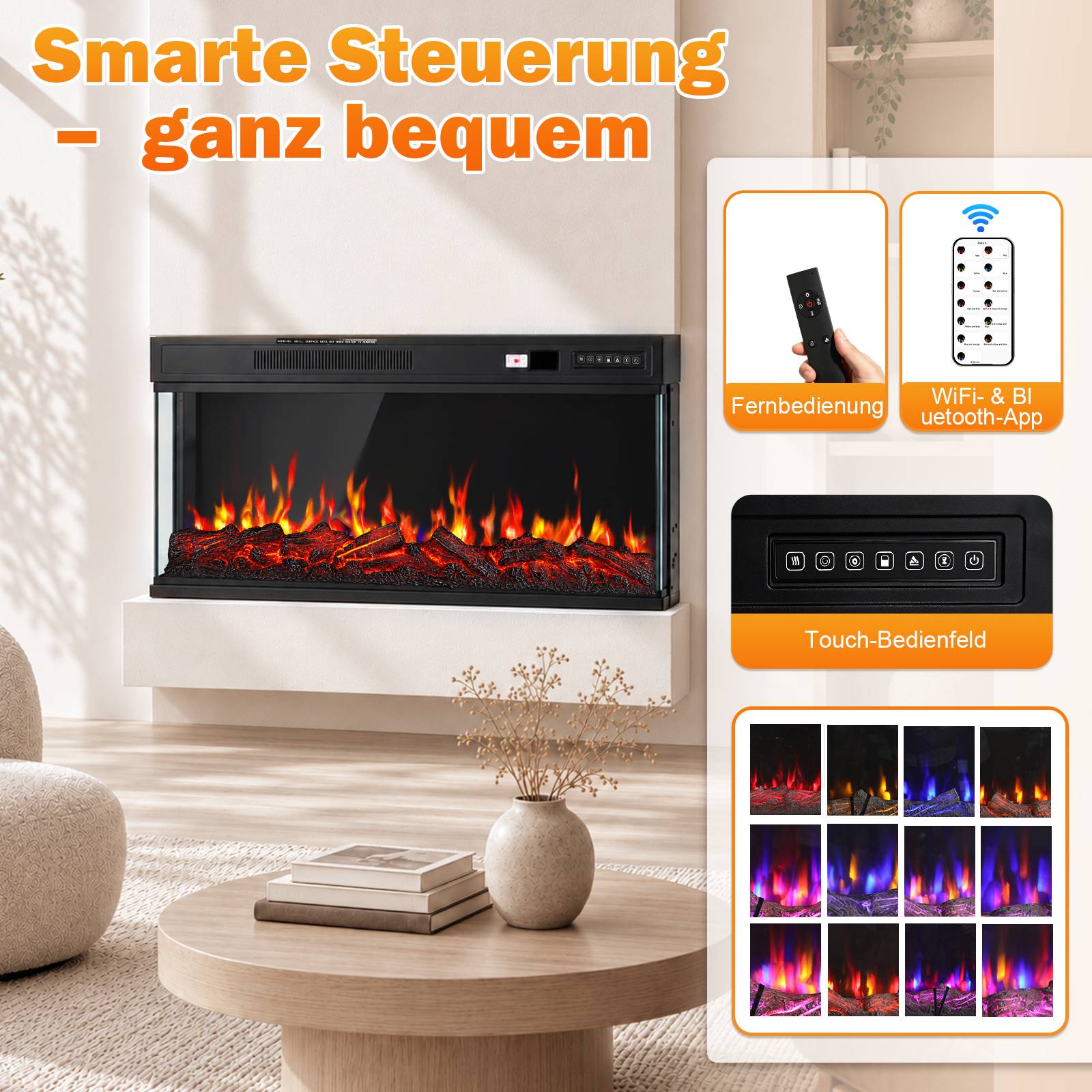 Elektrischer Kamin mit Flammen, angepriesen als 'Smarte Steuerung – ganz bequem', steuerbar per Fernbedienung, Wi‑Fi/Bluetooth-App oder Touchpanel, mit mehreren Flammenfarb-Optionen.