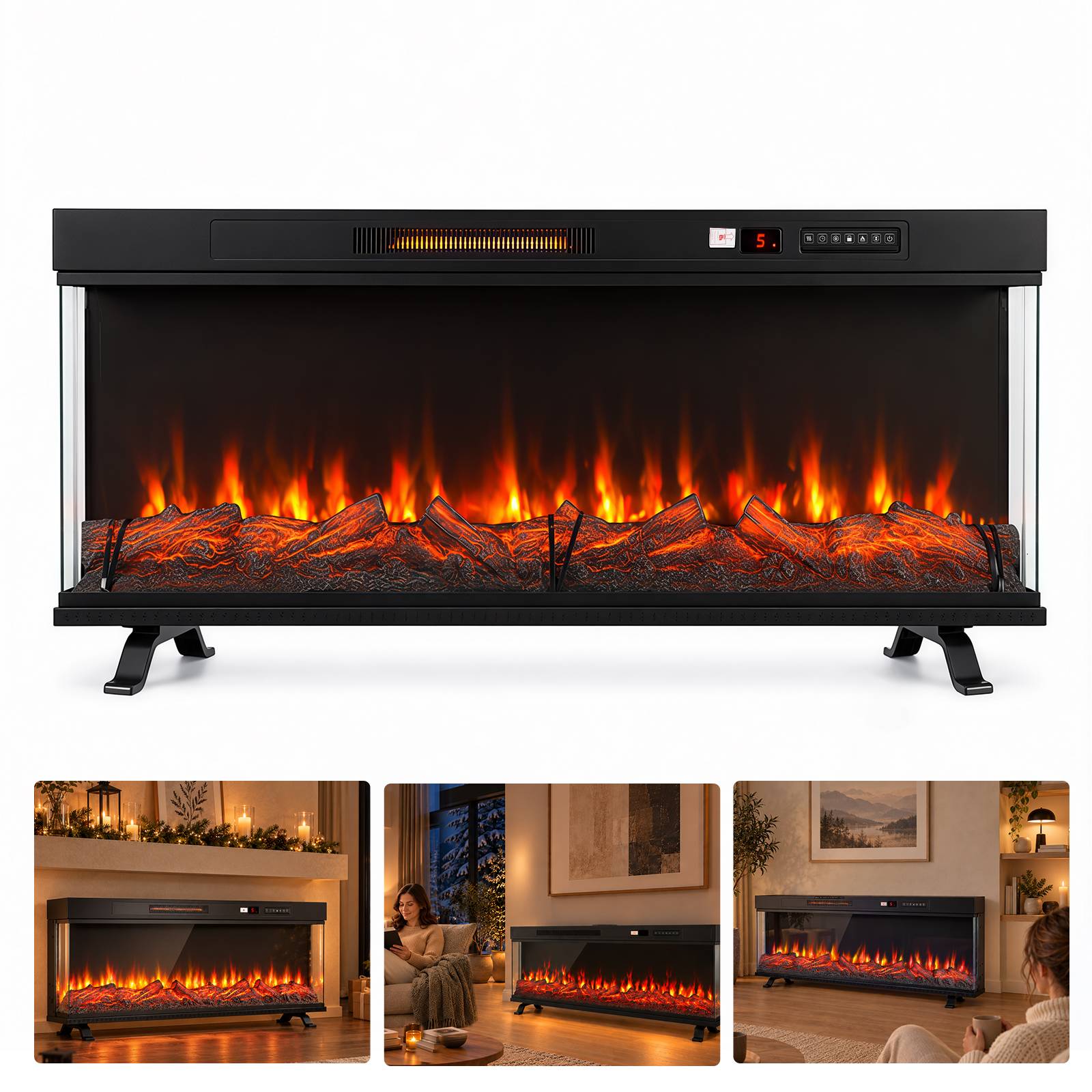Moderner schwarzer elektrischer Kamin mit leuchtenden Flammen; drei kleinere Lifestyle-Fotos zeigen ihn in verschiedenen Wohnzimmern installiert.