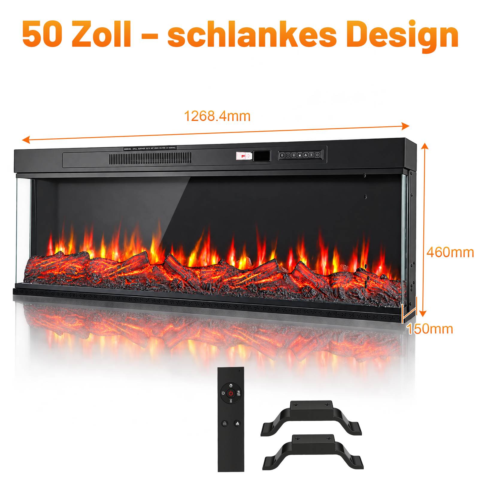 Produktbild eines 50 Zoll schlanken elektrischen Kamins mit orangefarbenen Flammen, gezeigt mit Abmessungen von 1268,4 mm Breite, 460 mm Höhe und 150 mm Tiefe, plus Fernbedienung und Montageklammern.