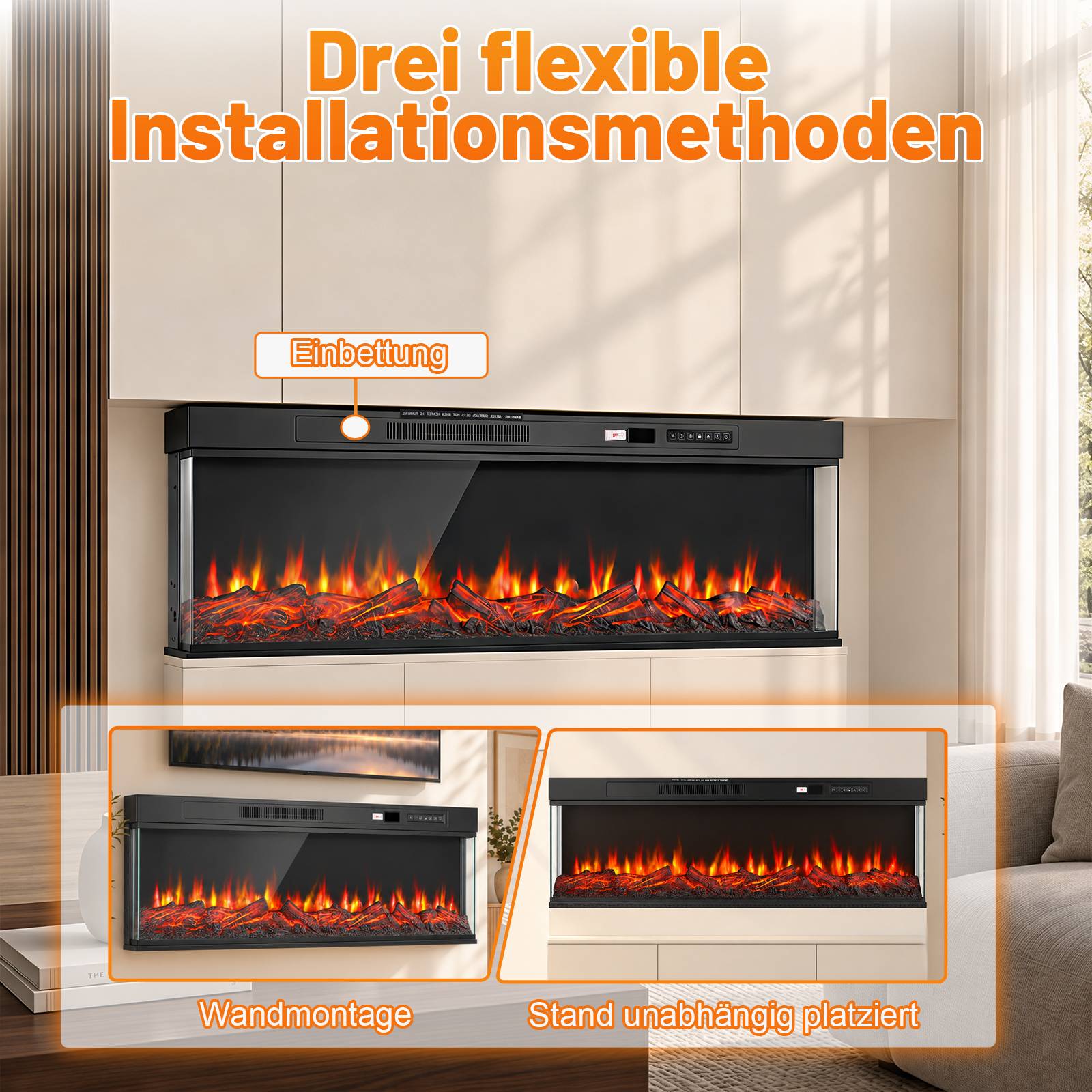 Grafik zeigt drei Installationsmethoden für einen Kamin: eingebaute 'Einbettung', wandmontierte 'Wandmontage' und freistehend 'Stand unabhängig platziert'.