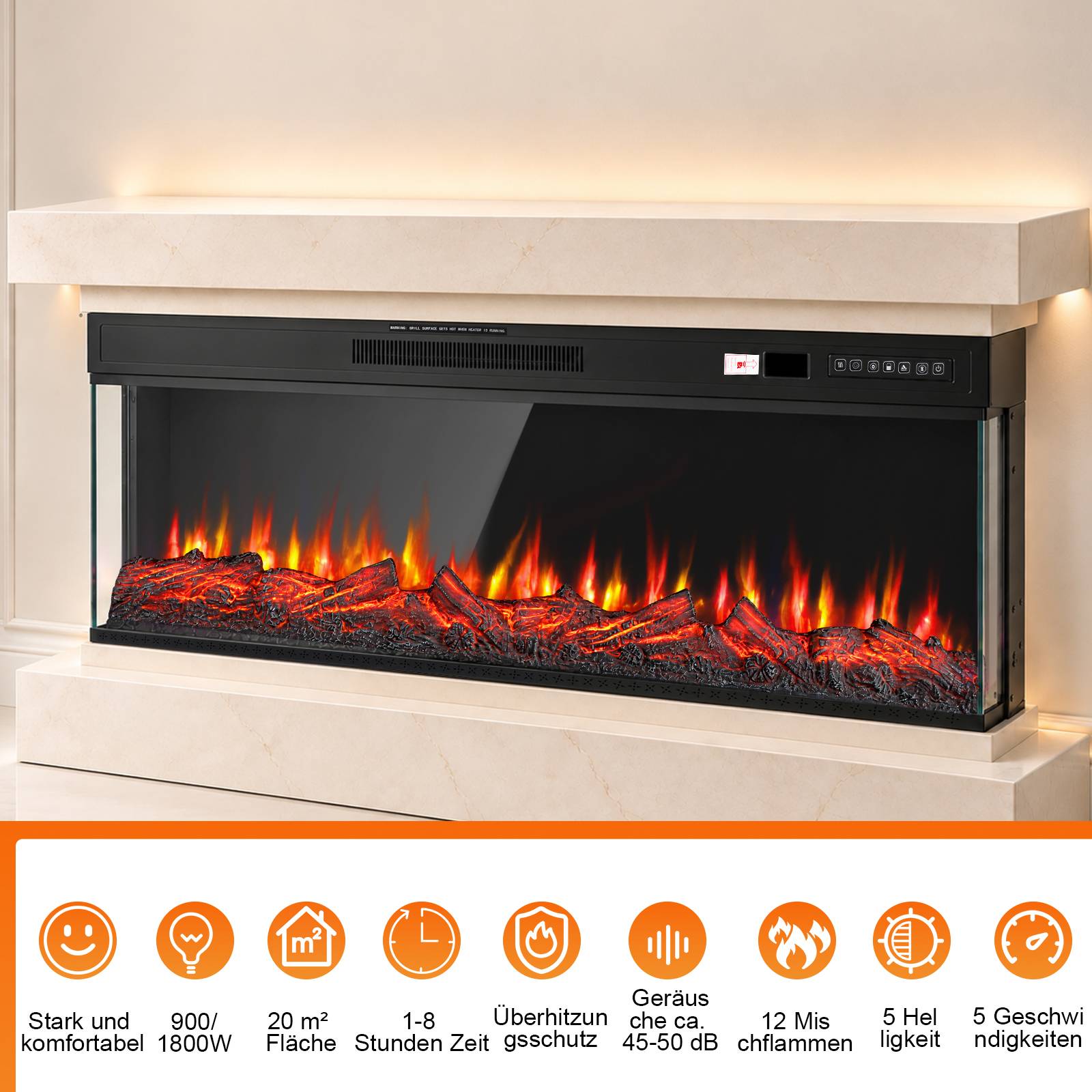 Wandmontierter elektrischer Kamin mit leuchtenden künstlichen Holzscheiten und Flammen; Symbole darunter zeigen 900W, Abdeckung von 20 m², 1-8-Stunden-Timer, Überhitzungsschutz, leiser Betrieb, 12 Min., 5 Heizstufen, 5 Geschwindigkeiten.