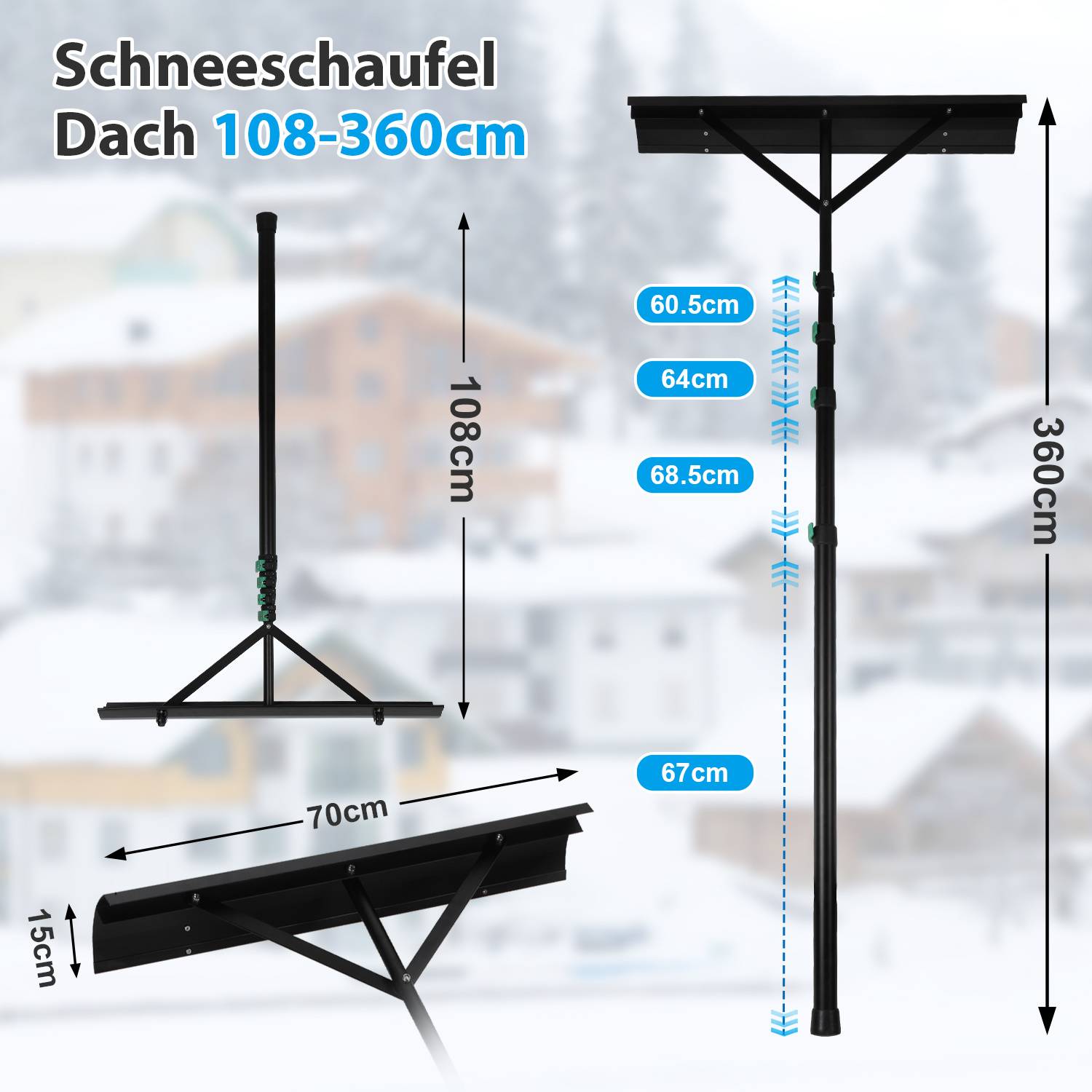 Diagramm einer Dachschneeschaufel mit der Bezeichnung „Schneeschaufel Dach 108-360cm", das verstellbare Pfahlängen von 108 cm bis 360 cm und eine Blattbreite von 70 cm zeigt.