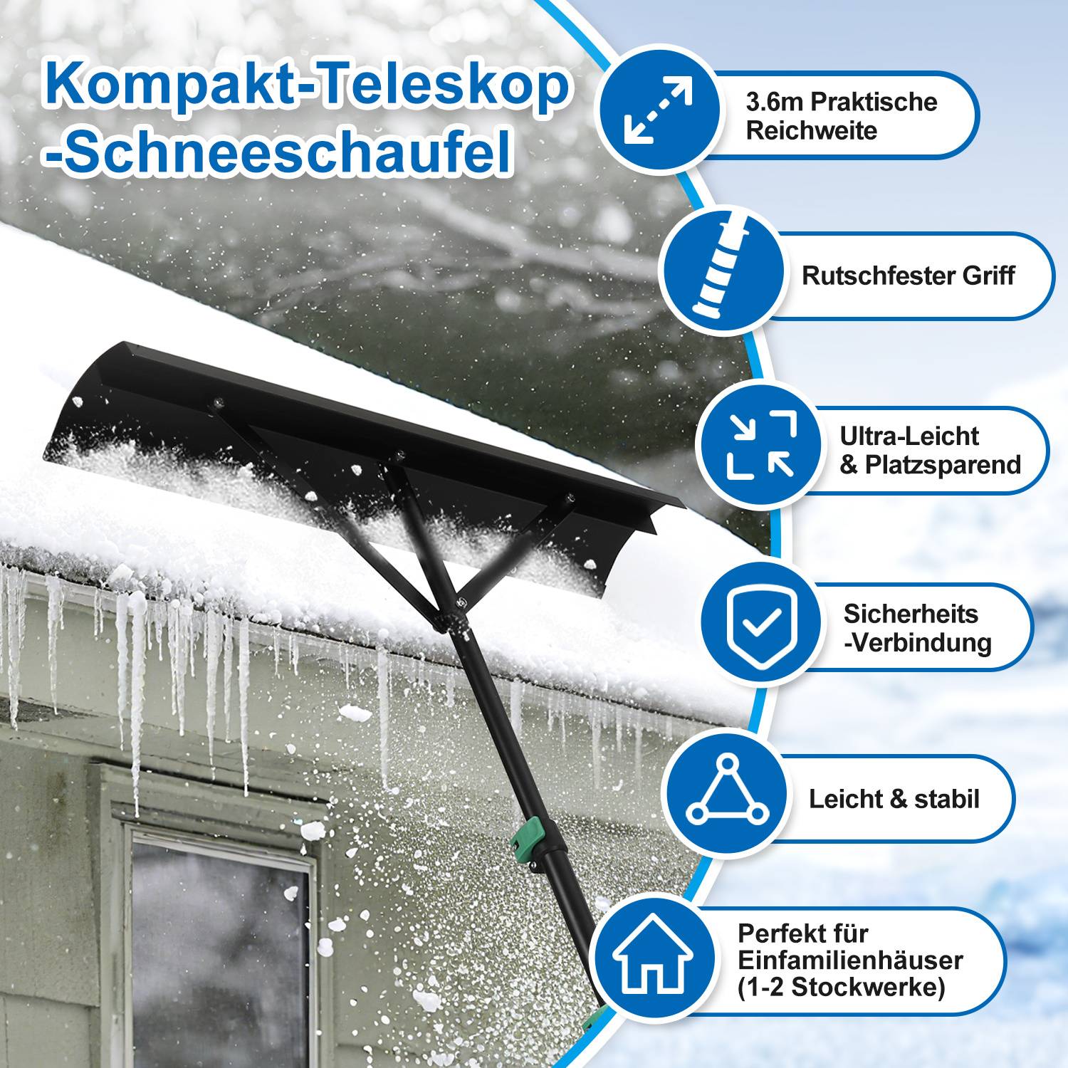Werbebild einer kompakten teleskopischen Schneeschaufel, die Schnee von einem Dach räumt, mit Beschriftungen für 3,6 m Reichweite, rutschfester Griff, leicht, Sicherheitsverbindung, stabil und geeignet für 1-2-stöckige Häuser.