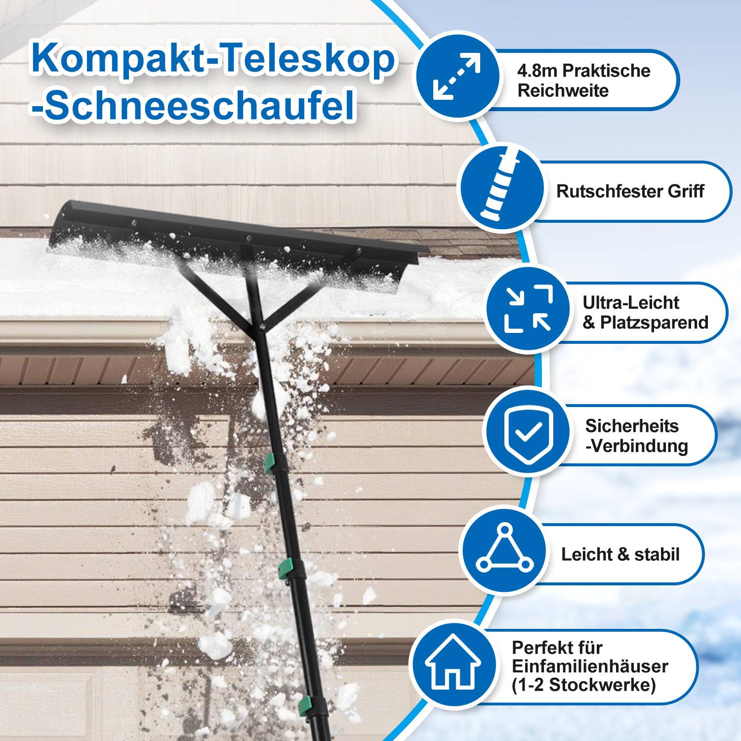 Kompakte teleskopische Schneeschaufel zum Schneeräumen von Dächern, mit Beschriftungen: 4,8 m Reichweite, rutschfester Griff, leicht, Sicherheitsverbindung und stabil für 1-2-geschossige Häuser.
