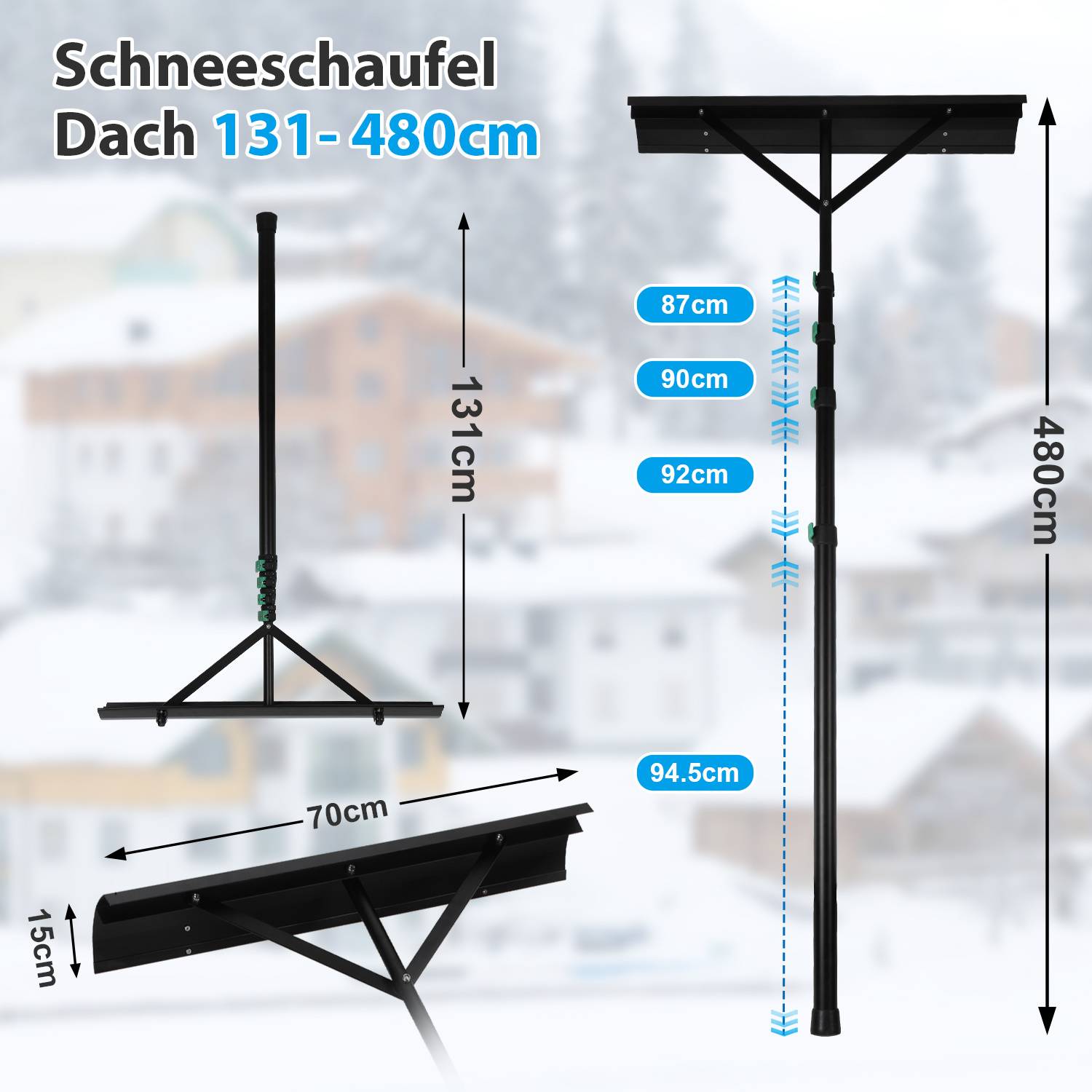 Diagramm einer Dachschneeschaufel mit der Bezeichnung „Schneeschaufel Dach 131-480cm", das eine verstellbare Stangenhöhe von 131 bis 480 cm und eine Schaufelbreite von 70 cm zeigt.