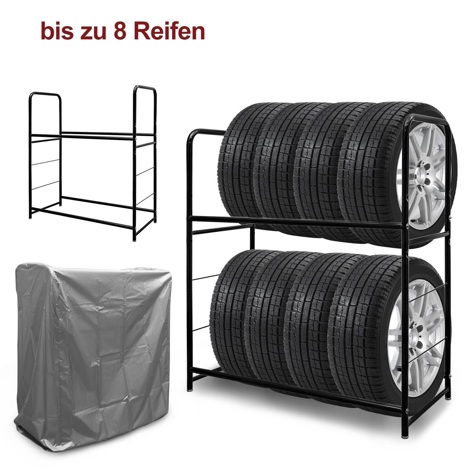 Metallreifenlagerregal mit Platz für bis zu 8 Reifen, montiert mit zwei gestapelten Reihen, plus grauer Schutzabdeckung und eine kleinere Ansicht des leeren Regals; Text liest „bis zu 8 Reifen".