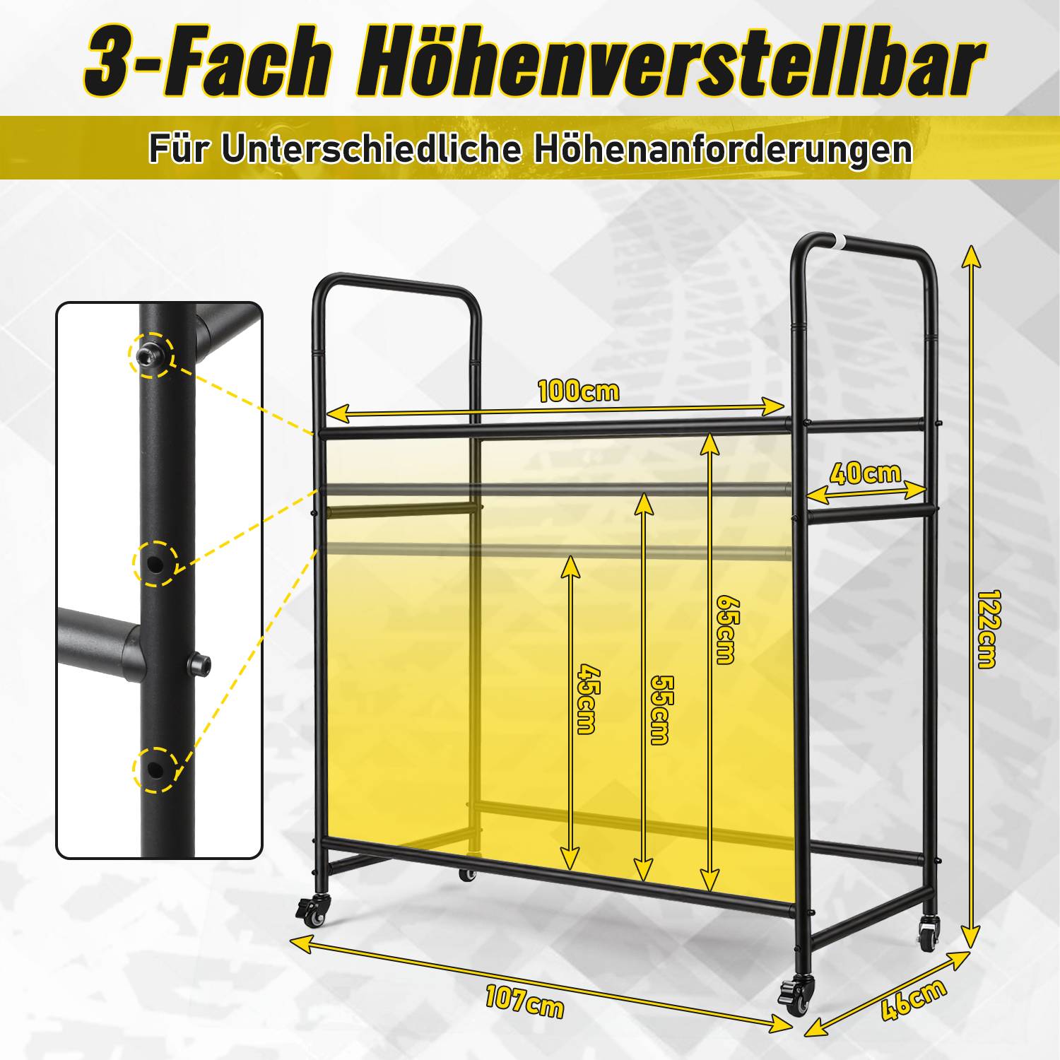 Diagramm eines höhenverstellbaren Schrankensystems mit drei Einstellungen, das folgende Abmessungen zeigt: 100 cm Breite, 122 cm Höhe, 107 cm Basislänge und 40 cm Seitenbreite.
