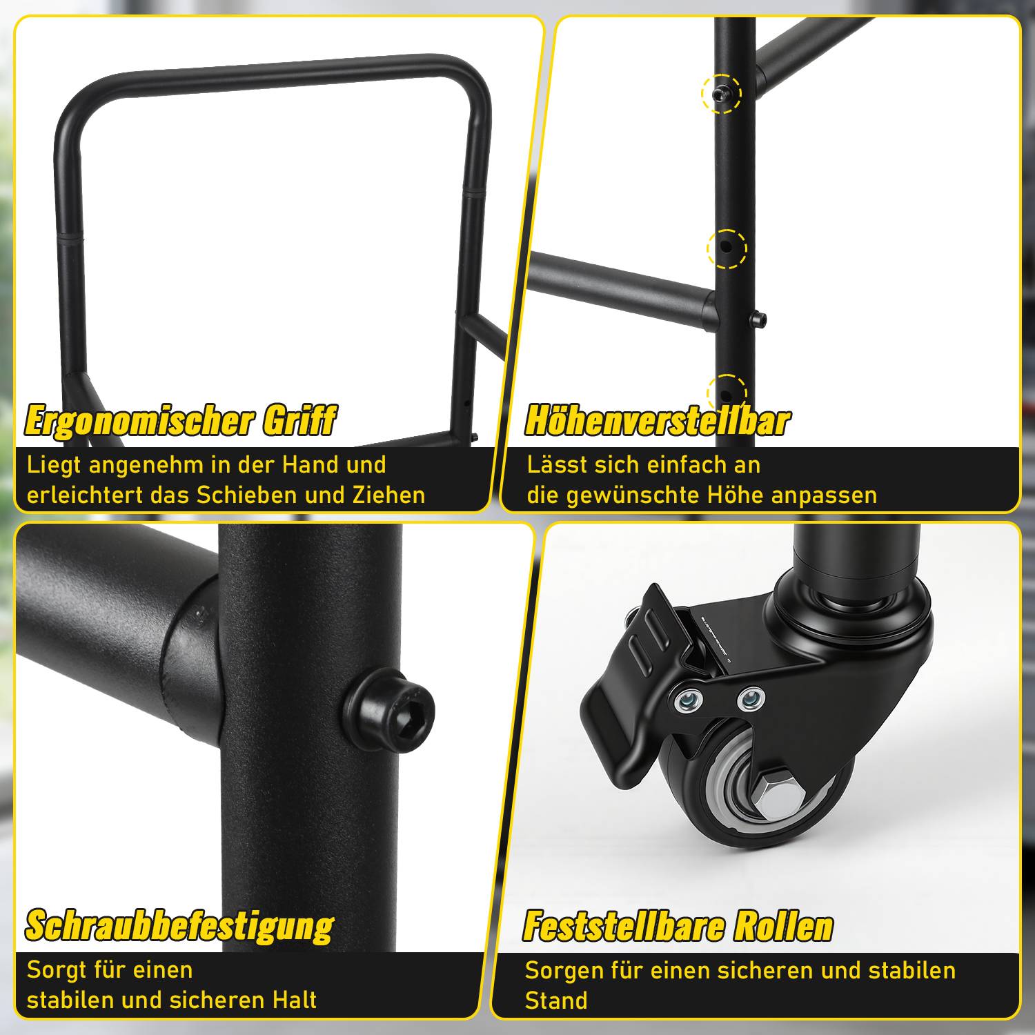 Produktnahaufnahme eines Handwagens mit Rädern, die einen ergonomischen Griff, verstellbare Höhe, Schraubenbefestigung und verriegelbare Lenkrollen zeigt.