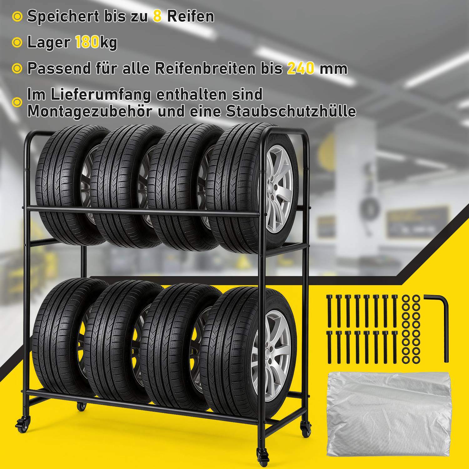Zweistöckiges Reifenlagerregal mit Platz für bis zu 8 Reifen; Produktdetailliste: Tragfähigkeit 180 kg, passt für Reifen bis 240 mm Breite, inklusive Montagebestandteile und Staubschutzabdeckung.