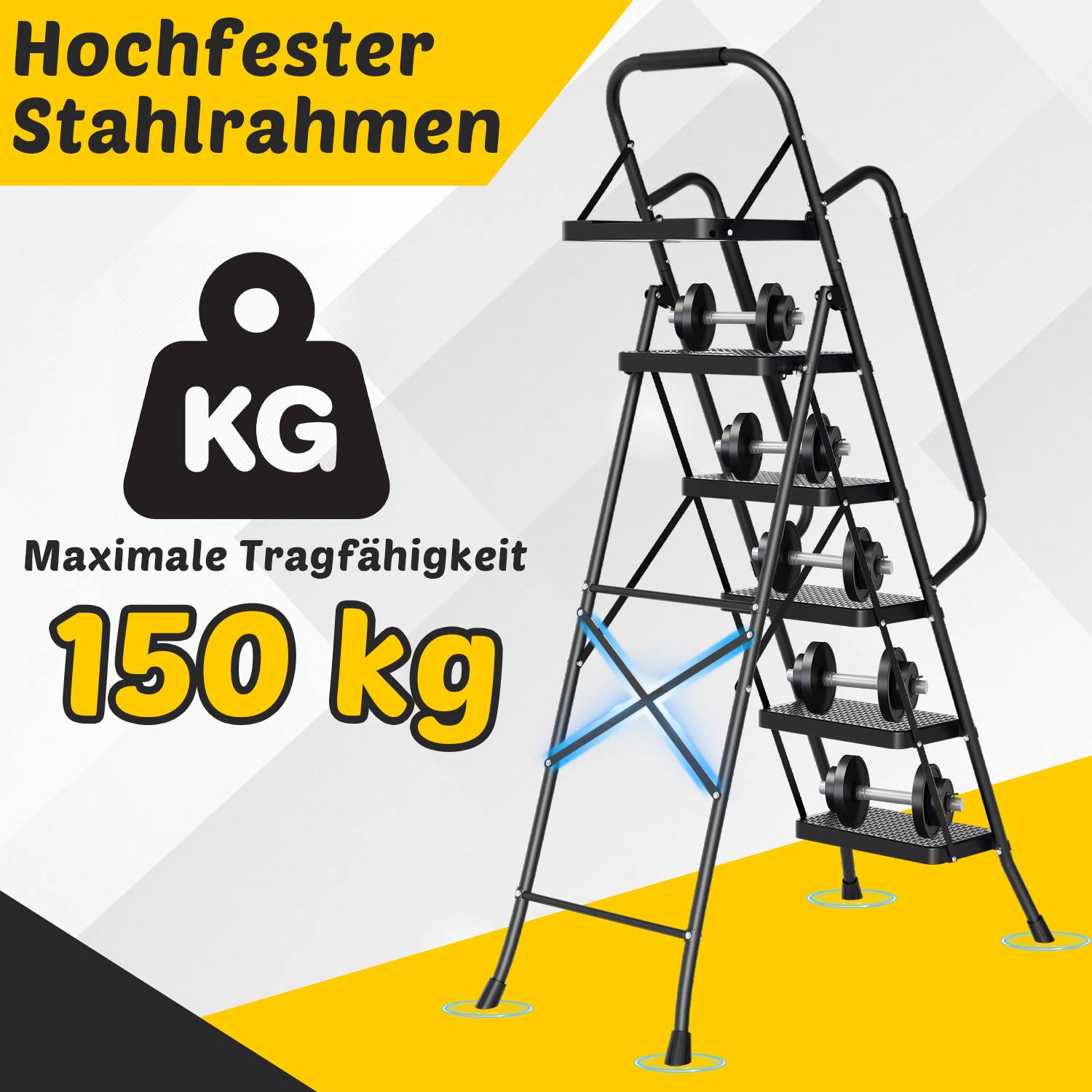 Produktanzeige mit einem hochfesten Stahlrahmen und dem Text „Maximale Tragfähigkeit 150 kg" sowie einer Grafik einer Gewichtslimitierung von 150 kg.