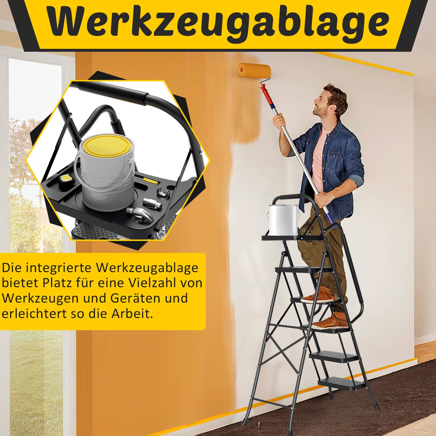 Ein Mann streicht eine Wand von einer Stehleiter mit integriertem Werkzeugtablett; eine eingefügte Abbildung zeigt das Tablett, das einen Farbeimer und Werkzeuge hält, wobei die praktische Aufbewahrung hervorgehoben wird.