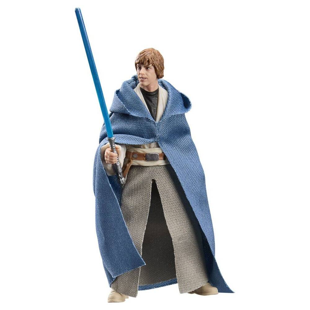 Eine Star Wars Luke Skywalker Actionfigur in einem blauen Umhang, die einen blauen Lichtschwert hält, vor einem schlichten weißen Hintergrund.