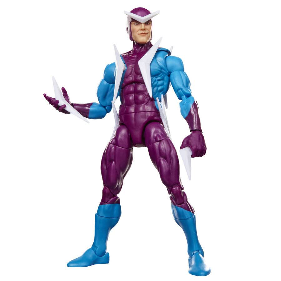 Eine violett-und-blau gefärbte humanoidähnliche Actionfigur, die in einer Pose mit erhobener Hand auf einem schlichten weißen Hintergrund steht.